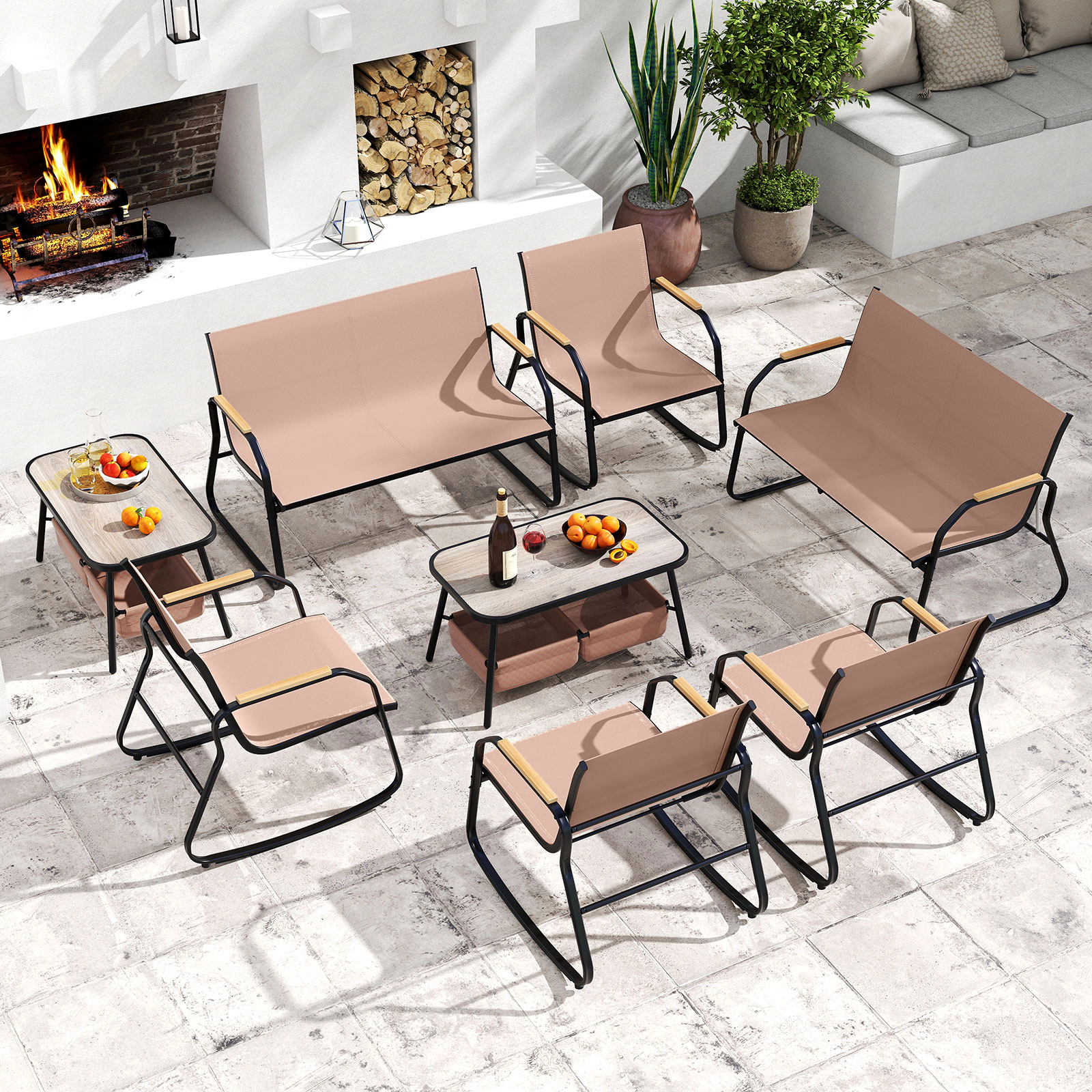 SUGIFT 4 Piece Patio Set Coffee with Rocking Chairs Loveseat and Storage Coffee Table