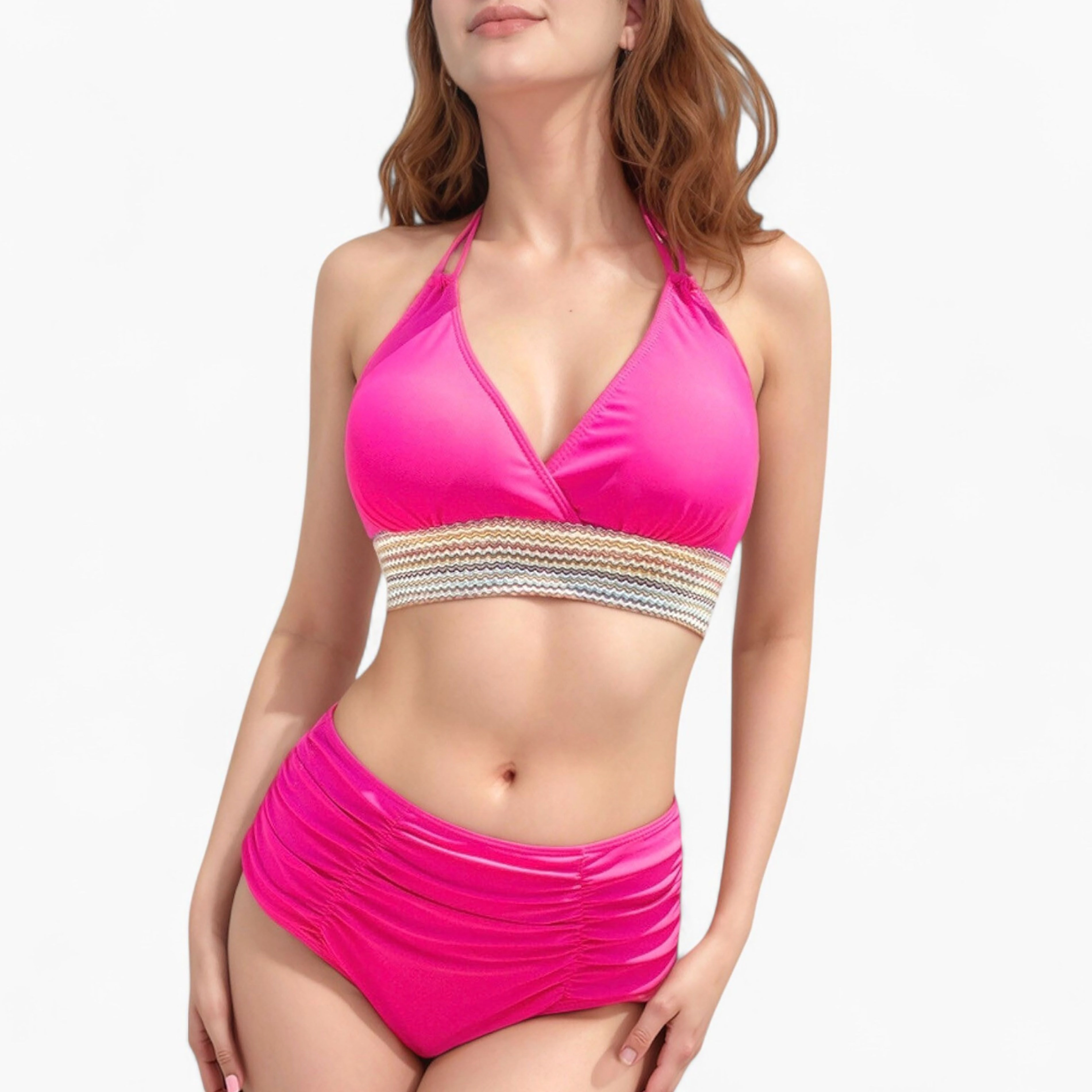 Anna-Kaci Women's High Waist Bikini Set with Crochet Waistband and Halter V Neck Top