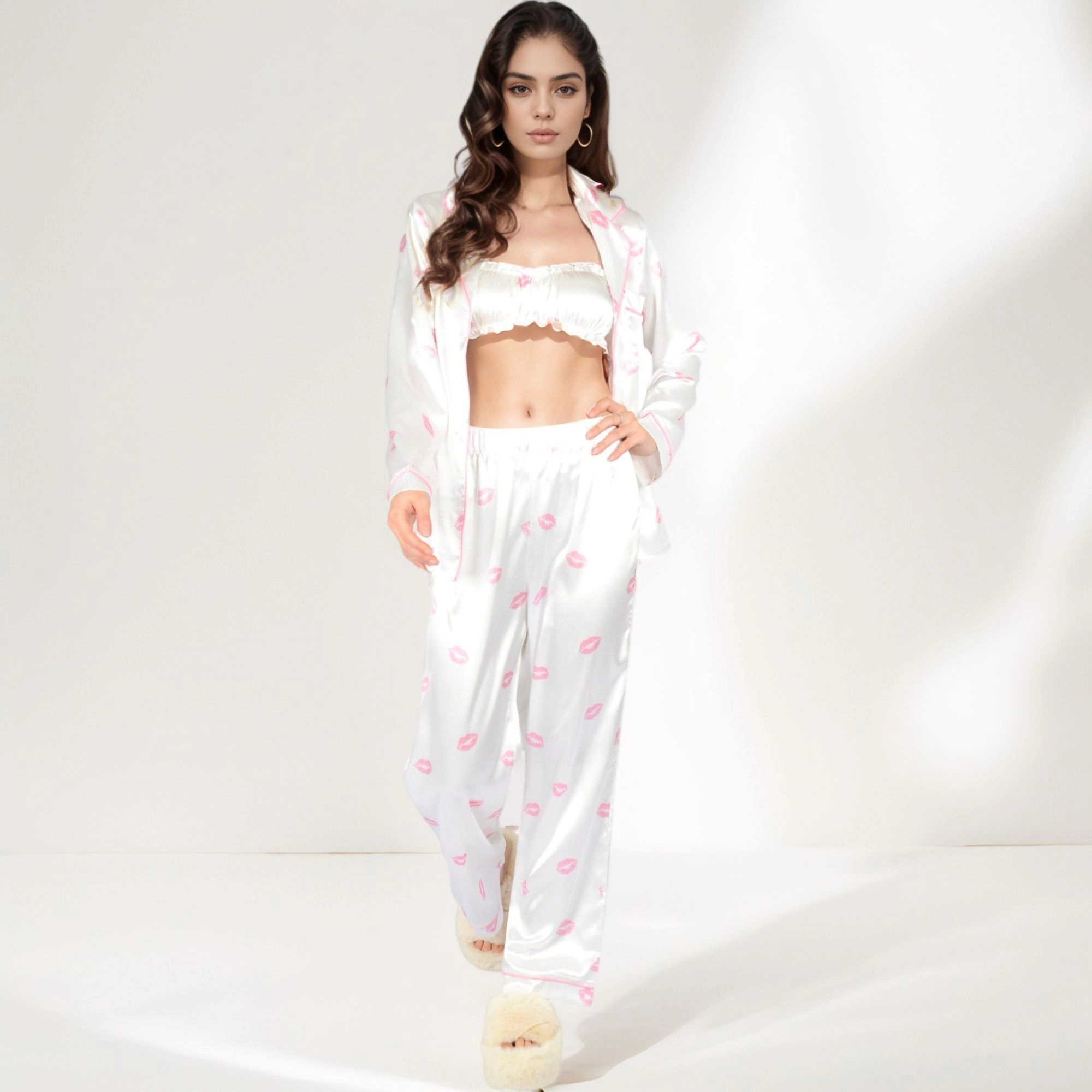 Anna-Kaci Women's Satin Three-Piece Pajama Set with Kiss Print Shirt Bandeau Top and Full-Length Lounge Pants