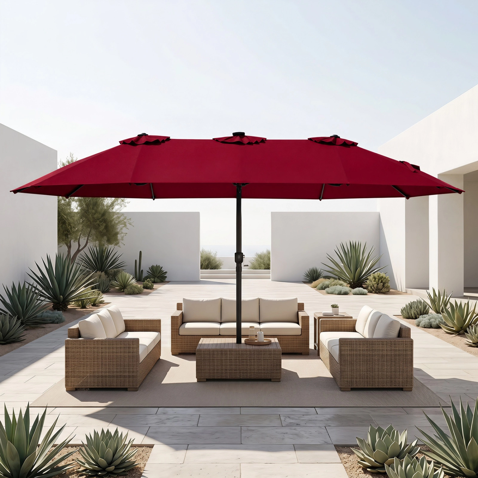 SUGIFT 15.5-ft Red Rectangular Patio Umbrella with 144 Solar LED Lights, 12 Ribs and Crank Lift