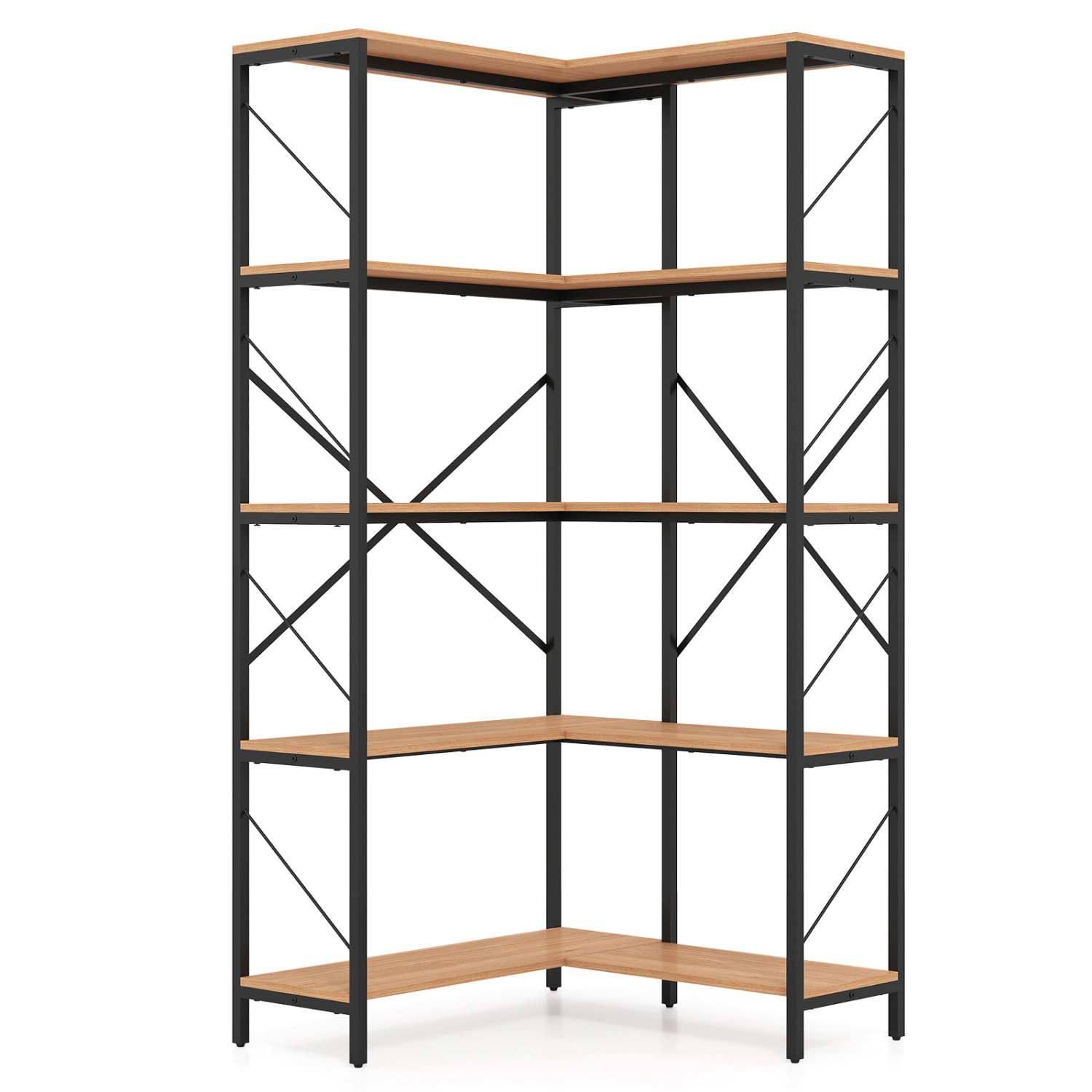 LJG 66" Tall 5-Tier L-Shaped Bookcase with Metal Frame for Living Room