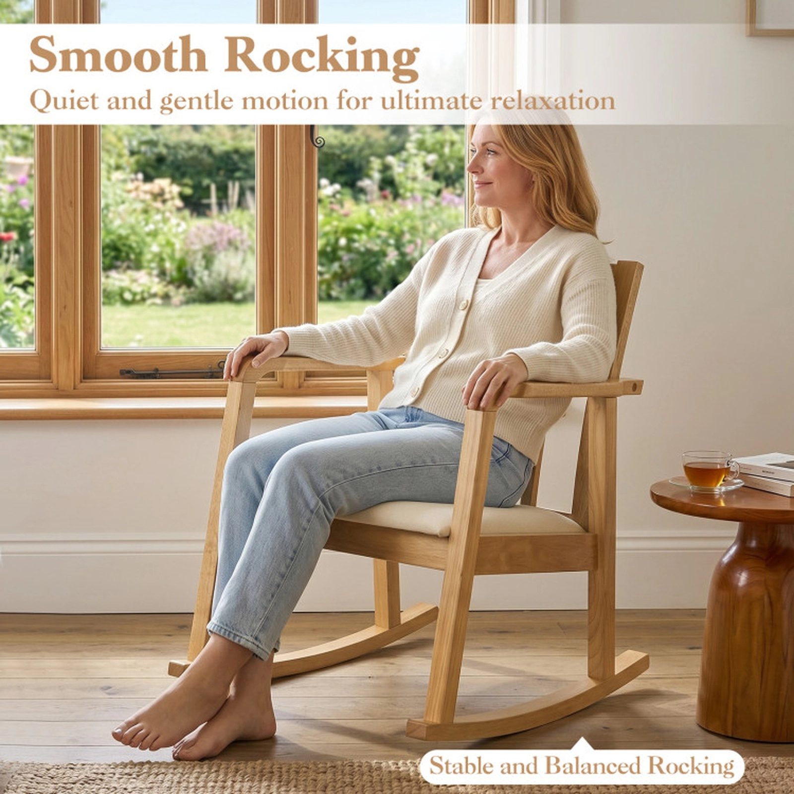 SUGIFT Small Nursery Rocking Chair, Natural Wood with Breathable Fabric Seat