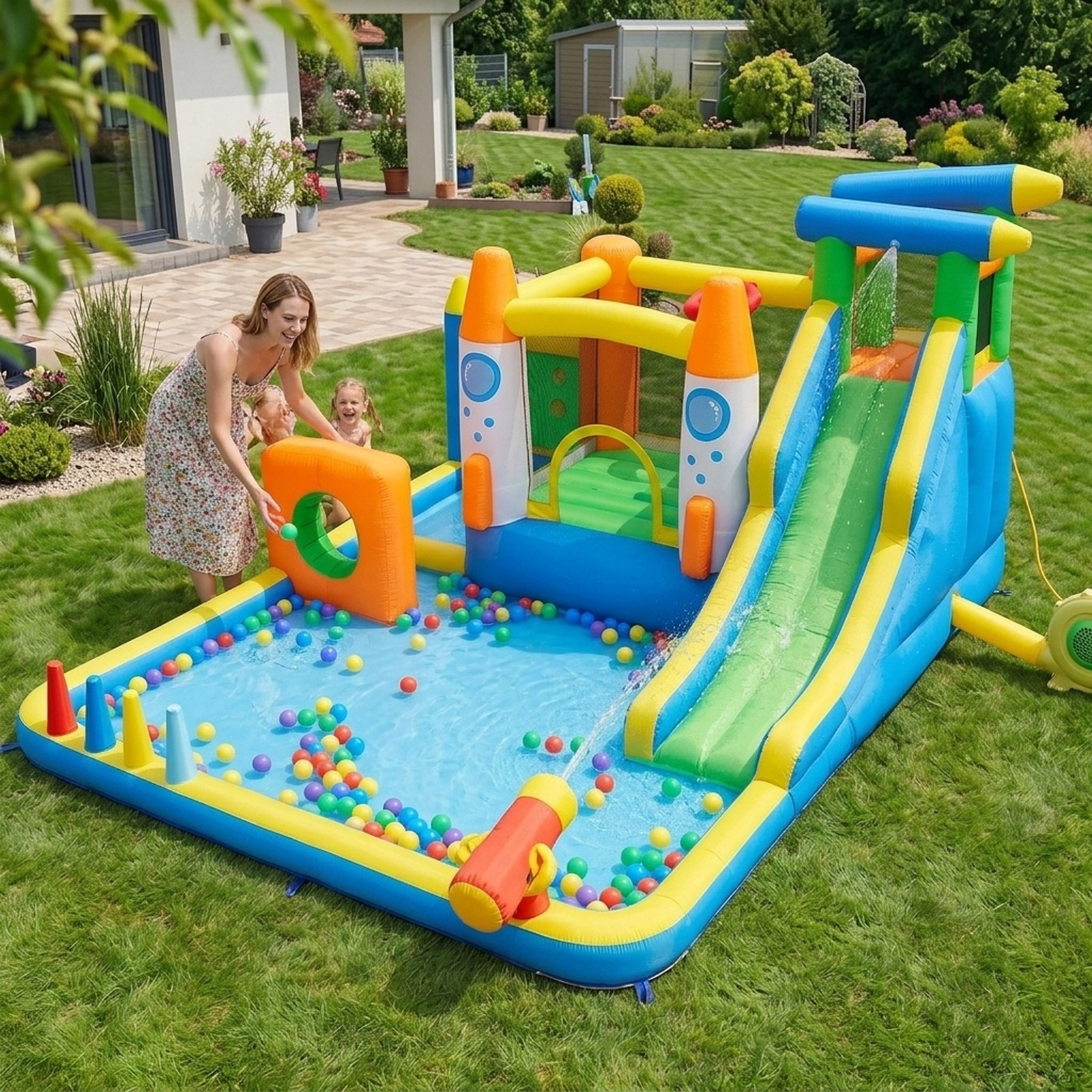10-in-1 Inflatable Bounce House with Water Slide Splash Pool Climbing Wall Ball Pit Tunnel and 680W Blower