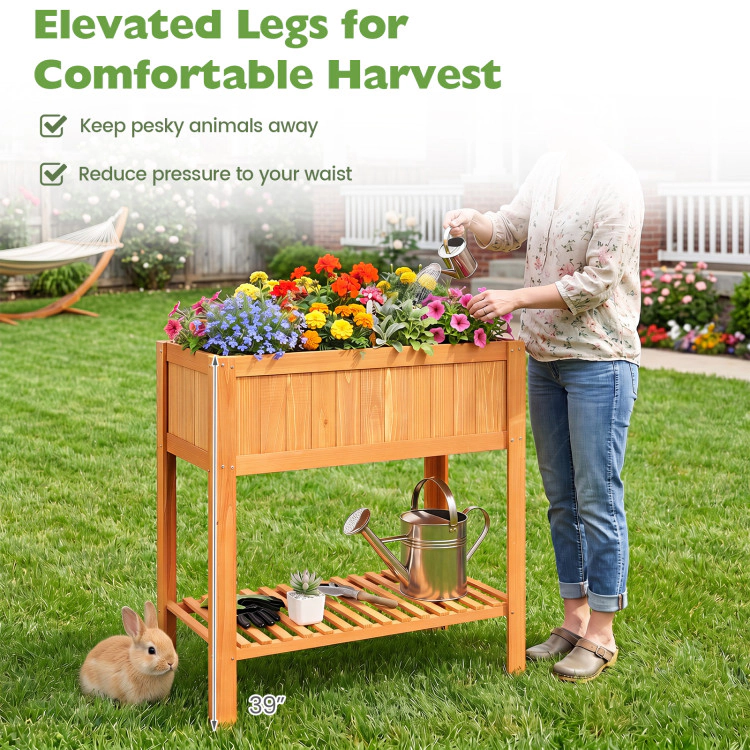 Hivvago Outdoor Raised Garden Bed Fir Wood Planter Box with Bottom Storage Shelf and Protective Liner