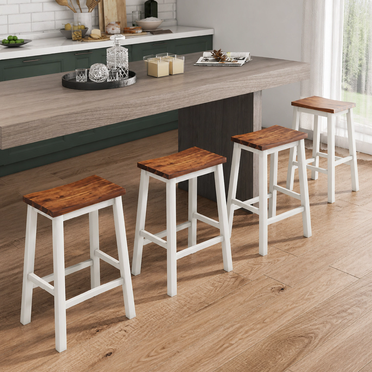 SUGIFT Set of 4 24.5-In Solid Acacia Wood Saddle Bar Stools, 350-Lb Capacity