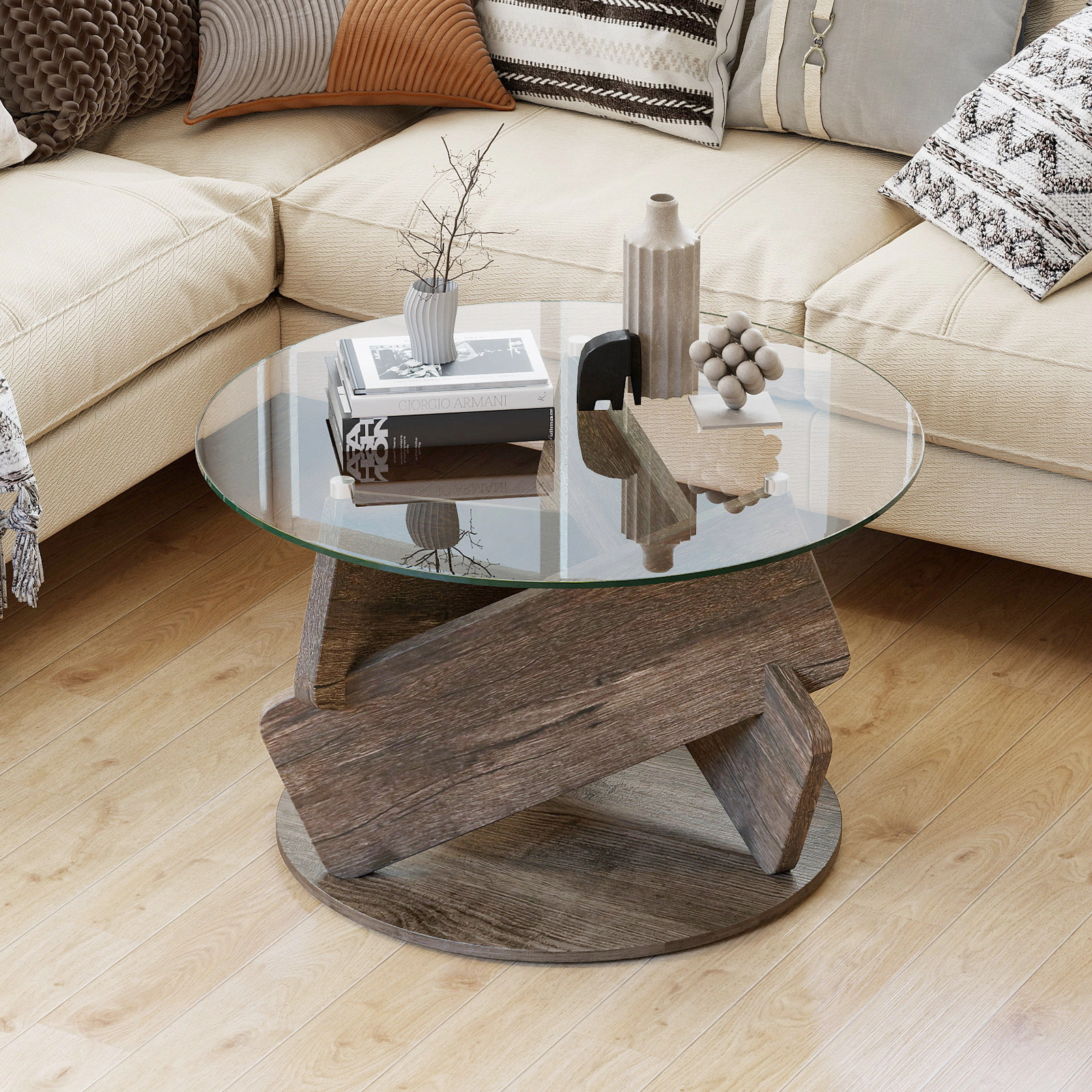 SUGIFT 32-in Round 200-lb Capacity Modern Grey Coffee Table with Scratch-Resistant Tempered Glass Top