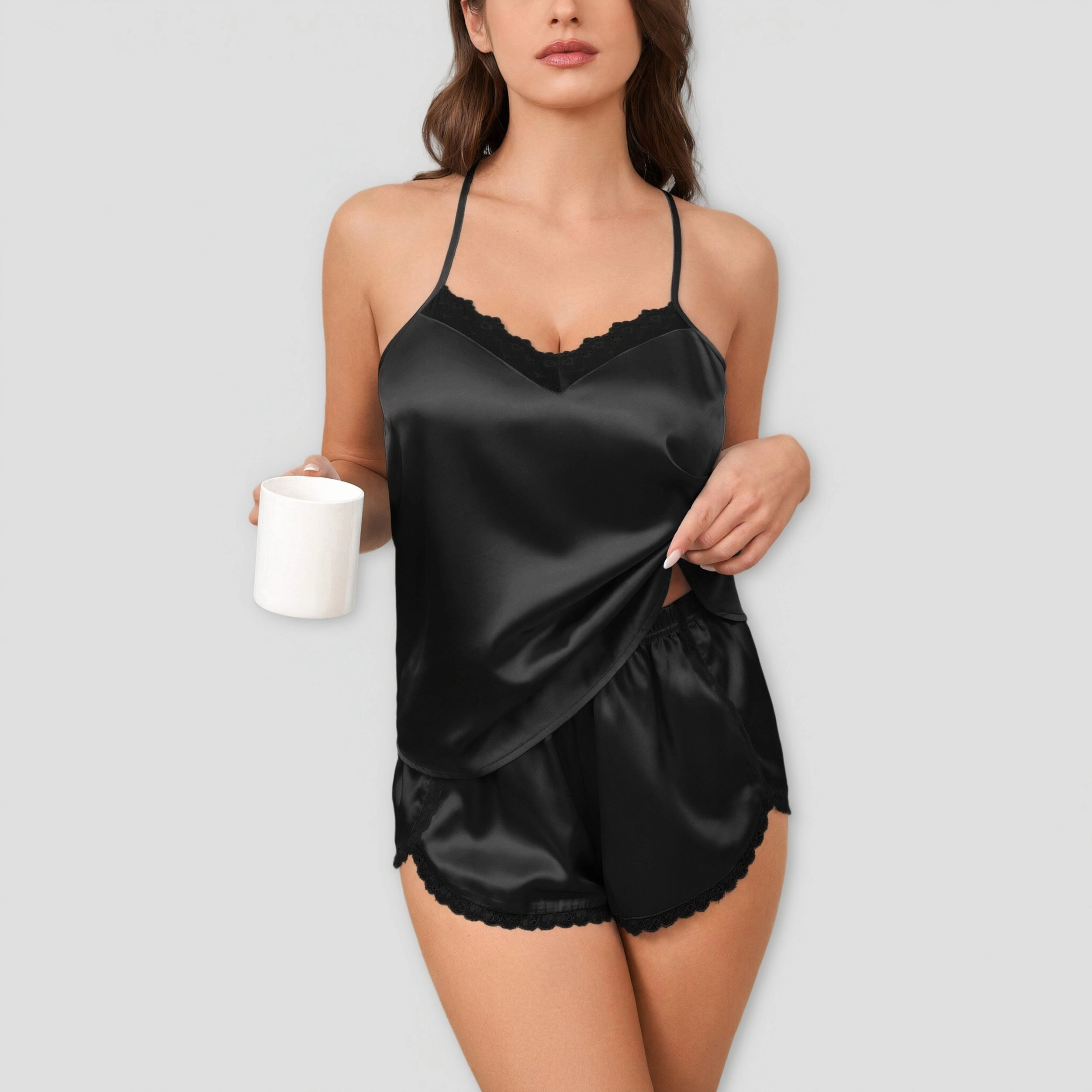 Ekouaer Silk Pajamas for Women 2 Piece Satin Lingerie Sleepwear Lace V-Neck Camisole Pjs Shorts Set