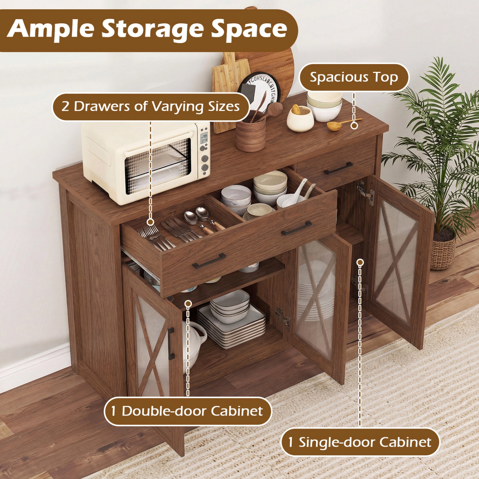 SUGIFT 47-in 132-lb Top 232-lb Total Brown Farmhouse Buffet Sideboard with 3 Barn Doors and 2 Drawers