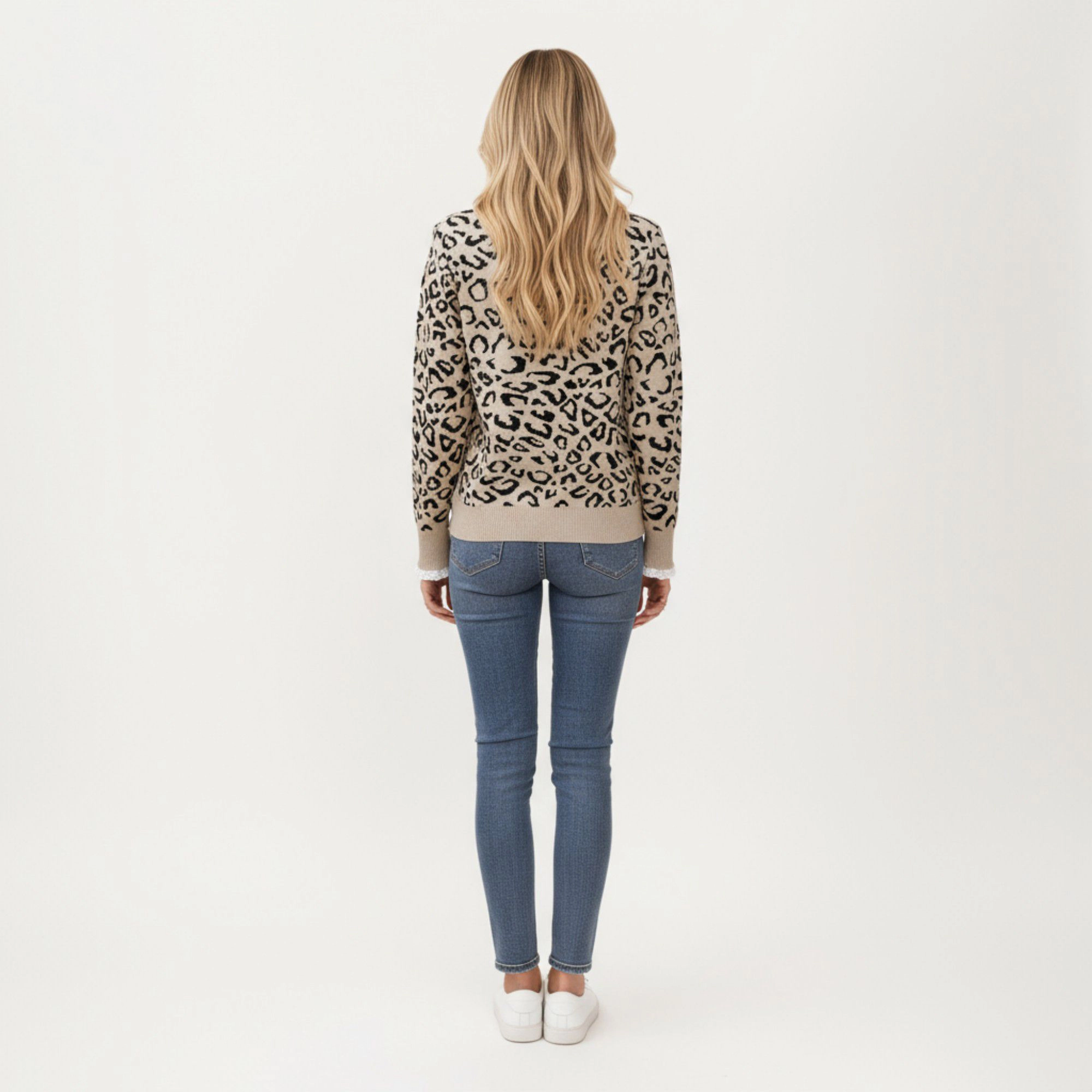 Anna-Kaci Women's Leopard Print Knit Sweater with Ribbed Trim Crew Neckline