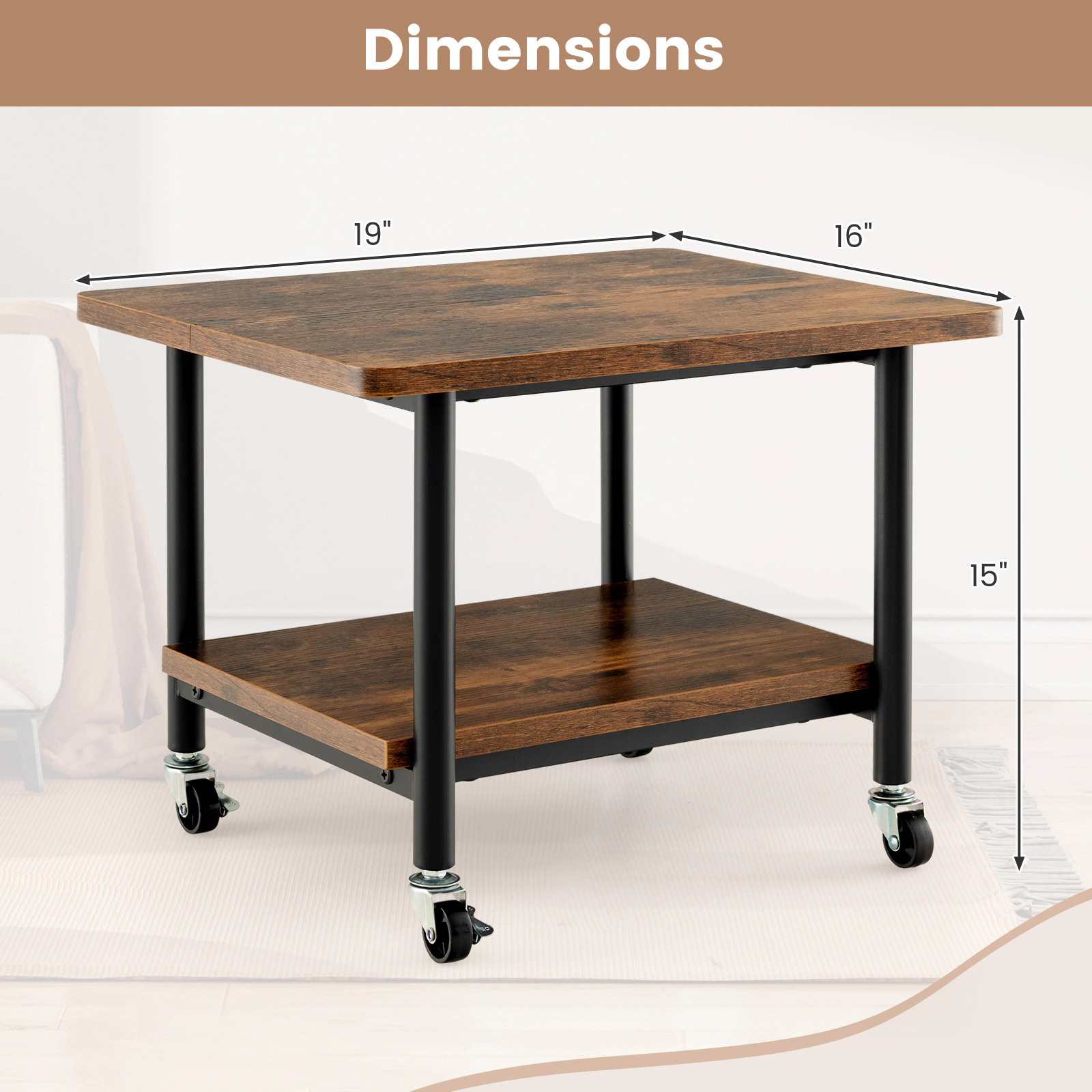 SUGIFT 2-Tier Lockable 360-Degree Casters Metal Frame Under Desk Printer Stand 19.5-in x 16-in x 15-in 143-lb Brown