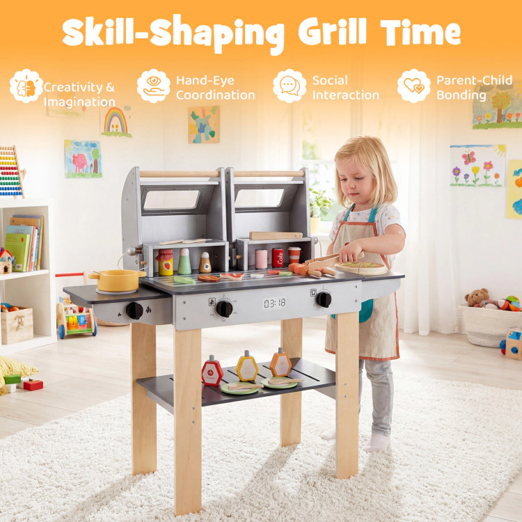 Hivvago Wooden Kids Barbecue Grill Playset Kids Toy Grill with Abundant Grilling Tools and Play Foods