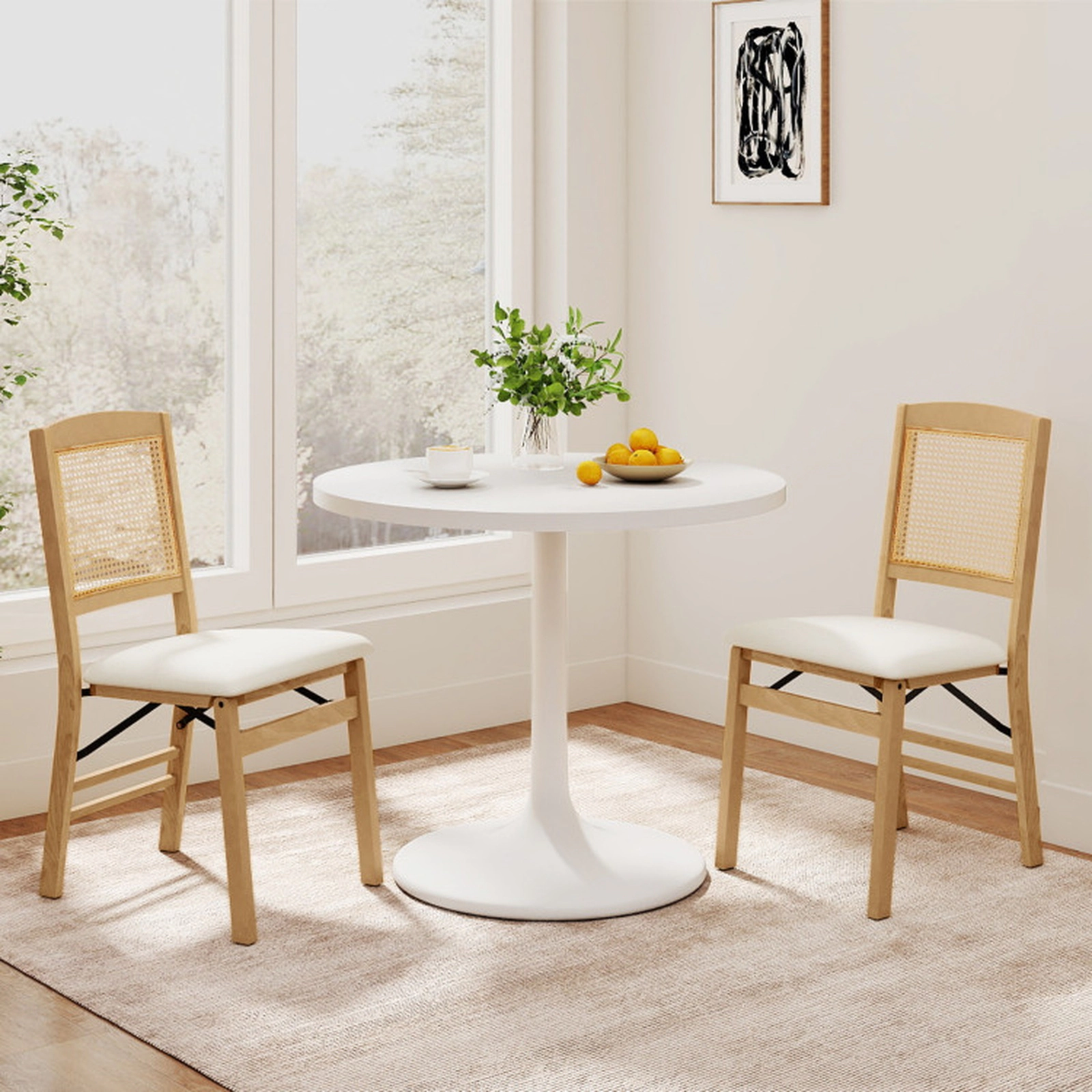 SUGIFT Folding Rubber Wood Dining Chairs Set of 2 with Linen Padded Seat 400-lb Capacity 35-in Tall Natural Beige