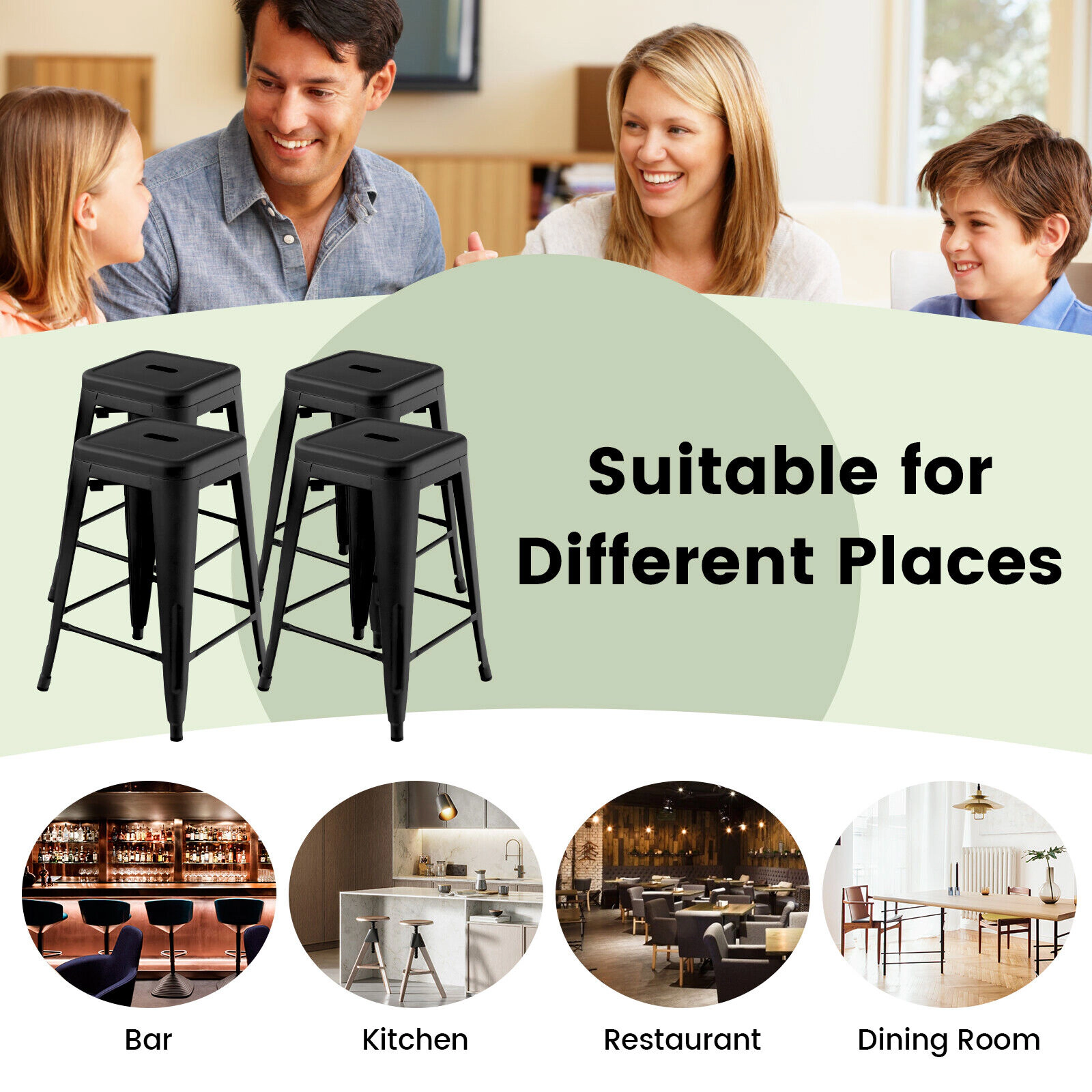 SUGIFT Set of 4 Metal Stackable Footrest Counter Height Bar Stools 16-in x 16-in x 24-in 330-lb Capacity Black