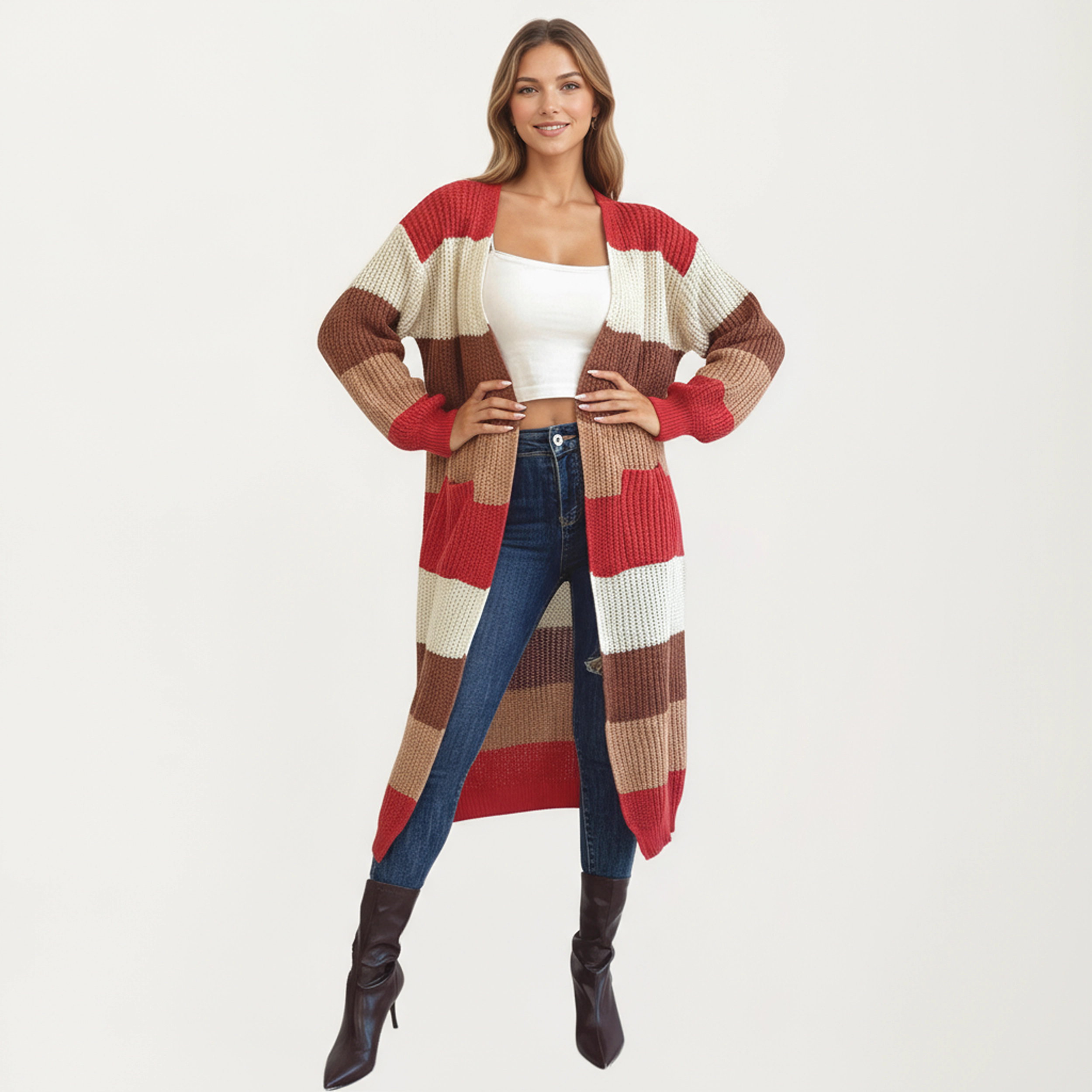 Anna-Kaci Women's Long Sleeve Open Front Knit Cardigan with Bold Color Block Stripes Design