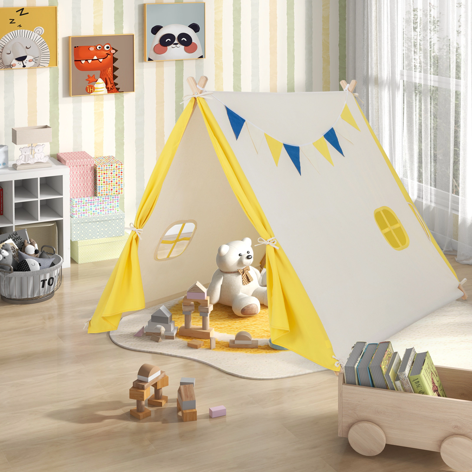 SUGIFT Kids Yellow and Beige Play Tent with Solid Pine Wood Frame 57-in W 54-in D 48-in H for 2 Children
