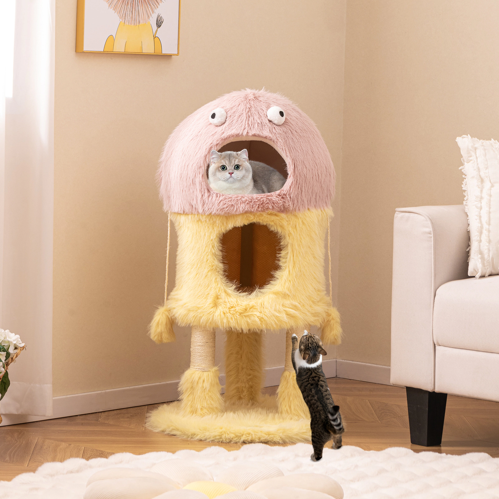 SUGIFT Monster-Themed Cat Tree Tower with 2 Private Condos and 3-Level Activity Center 33-lb Capacity Pink+Yellow