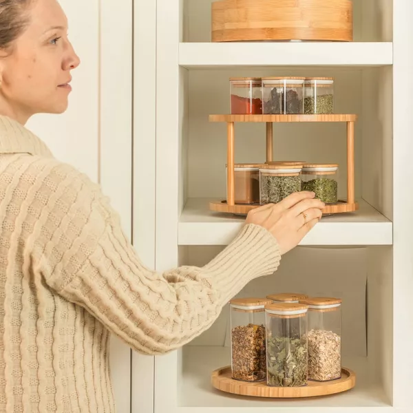 OU Airtight Food Storage Container Set 8pc, Clear Plastic Container w/ Leak Proof Bamboo Lid, Stackable Pantry Organizer