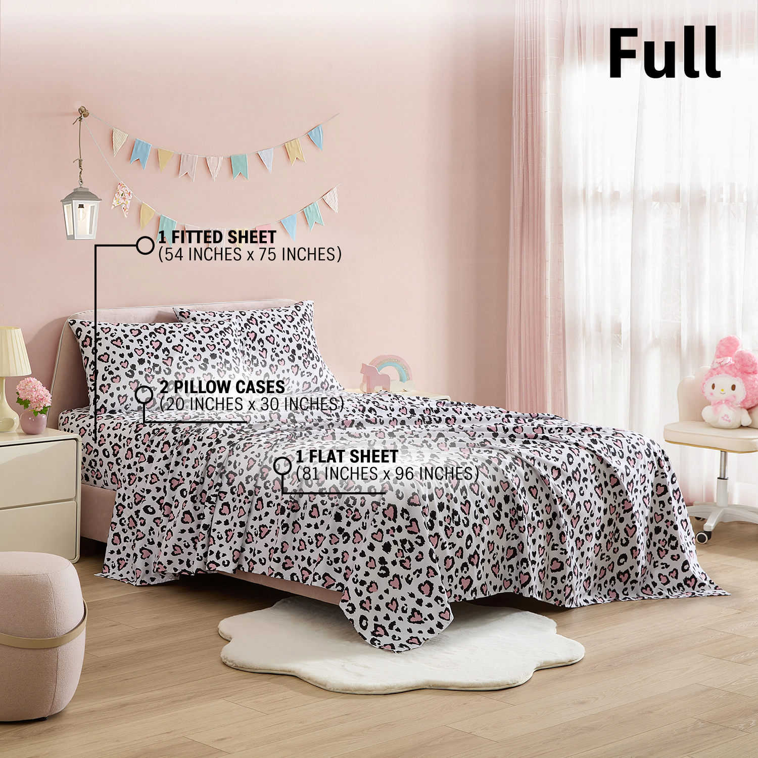 HLC.ME Cheetah Heart Kids Patterned Bed Sheet Set - Wrinkle Resistant & Ultra Soft - Fits Mattresses up to 15 in Deep