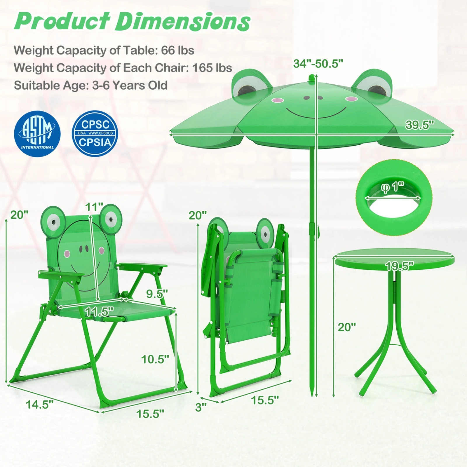 SUGIFT Kids Picnic Table Set, 4-Piece Green Folding Set with 2 Chairs and Removable Umbrella