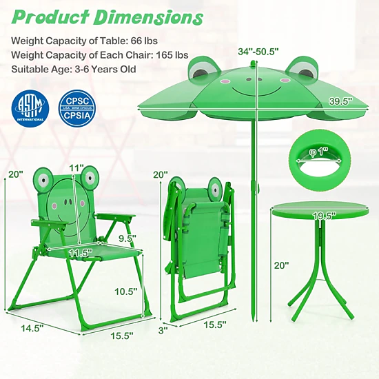 SUGIFT Kids Picnic Table Set, 4-Piece Green Folding Set with 2 Chairs and Removable Umbrella