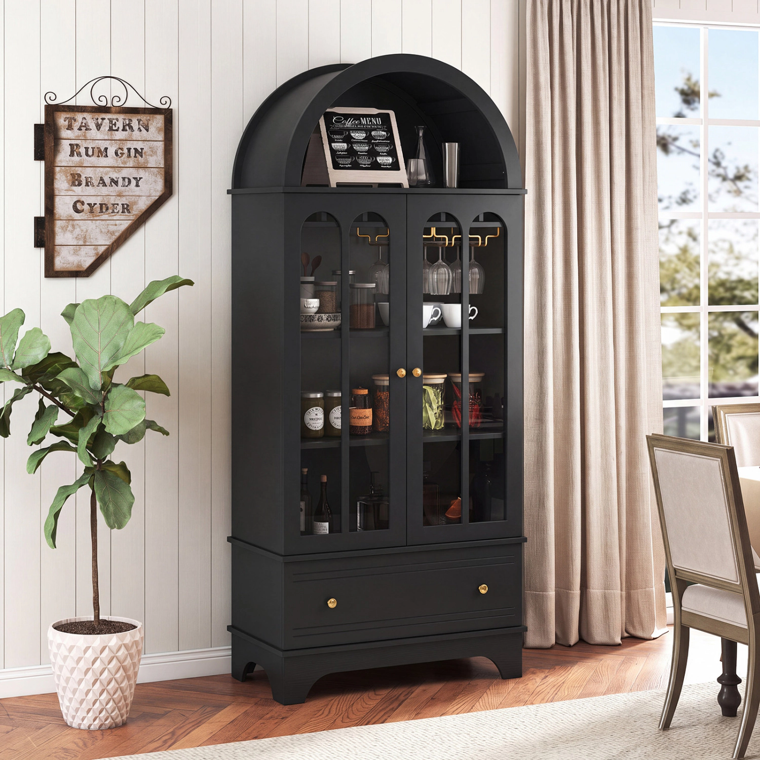 LJG 71.5 Inch Arched Cabinet 5-Tier with Tempered Glass Doors and Wine Rack