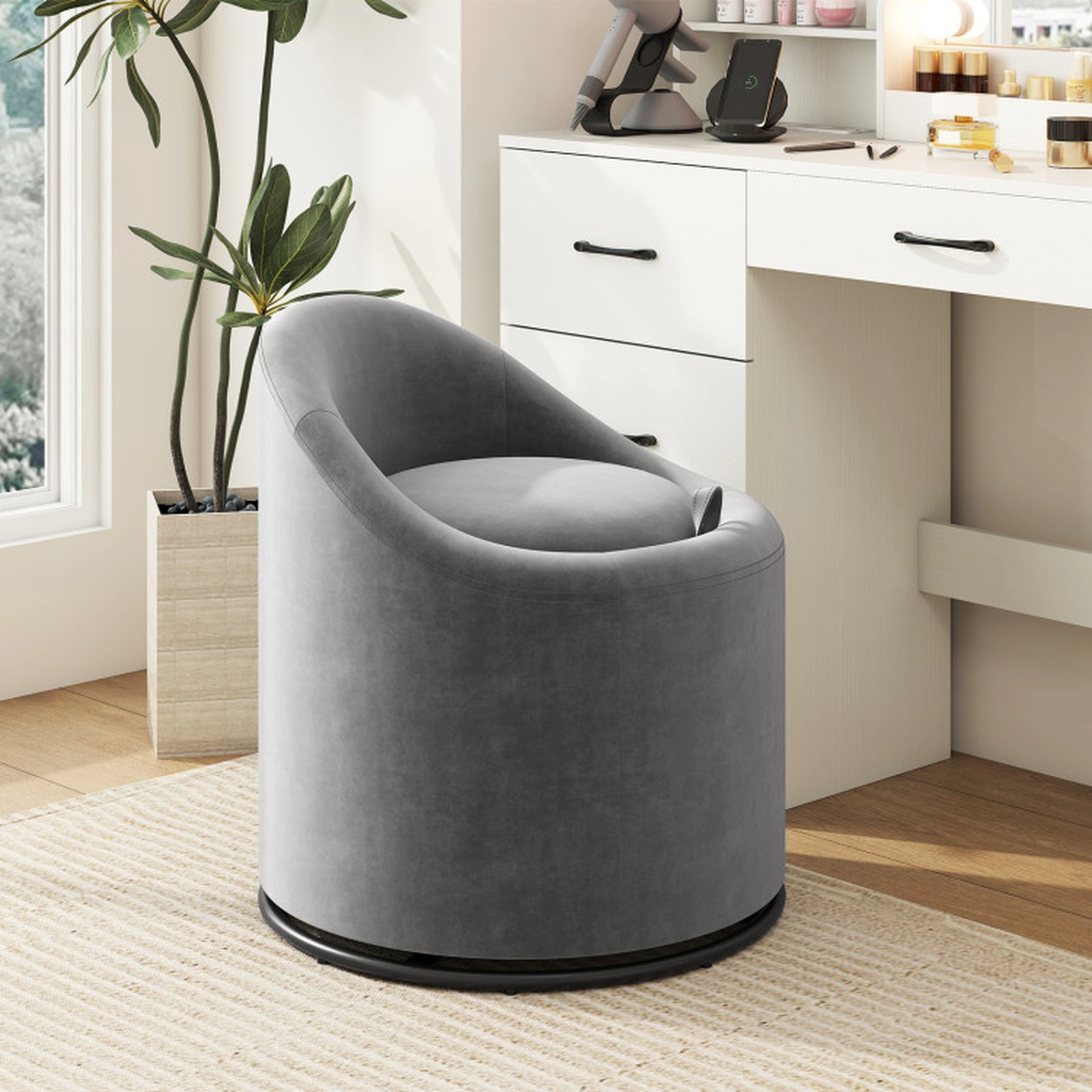 SUGIFT Gray Hidden Under-Seat Storage and 360-Degree Swivel Base Velvet Barrel Chair