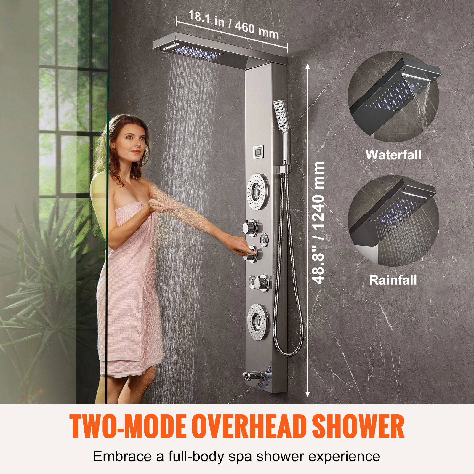 HONGGE 6-Mode Shower Tower Panel, LED & Digital Display, Rainfall, Waterfall, 4 Body Massage Jets