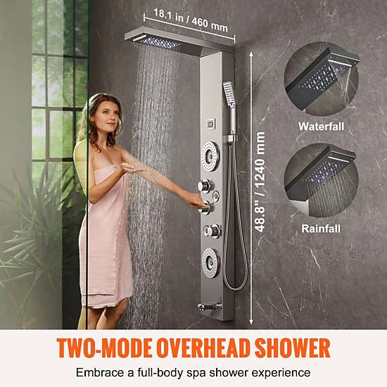 HONGGE Shower Panel System 6 Shower Modes LED & Shower Panel Tower Rainfall Waterfall Massage Jets Tub Spout Handheld