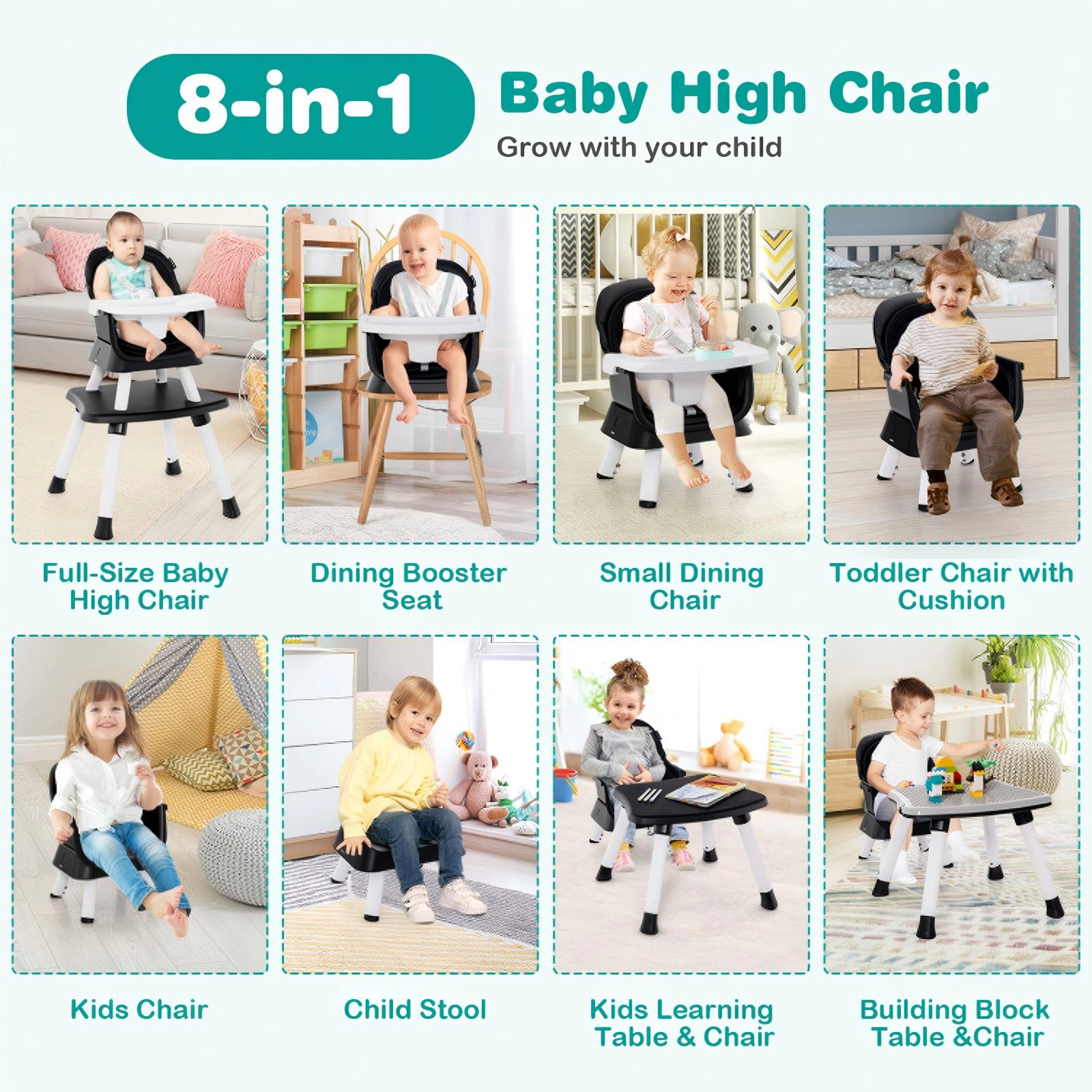 SUGIFT 6-in-1 Convertible Baby High Chair with Adjustable Removable Tray 55-lb Capacity Ages 6-36 Months Black