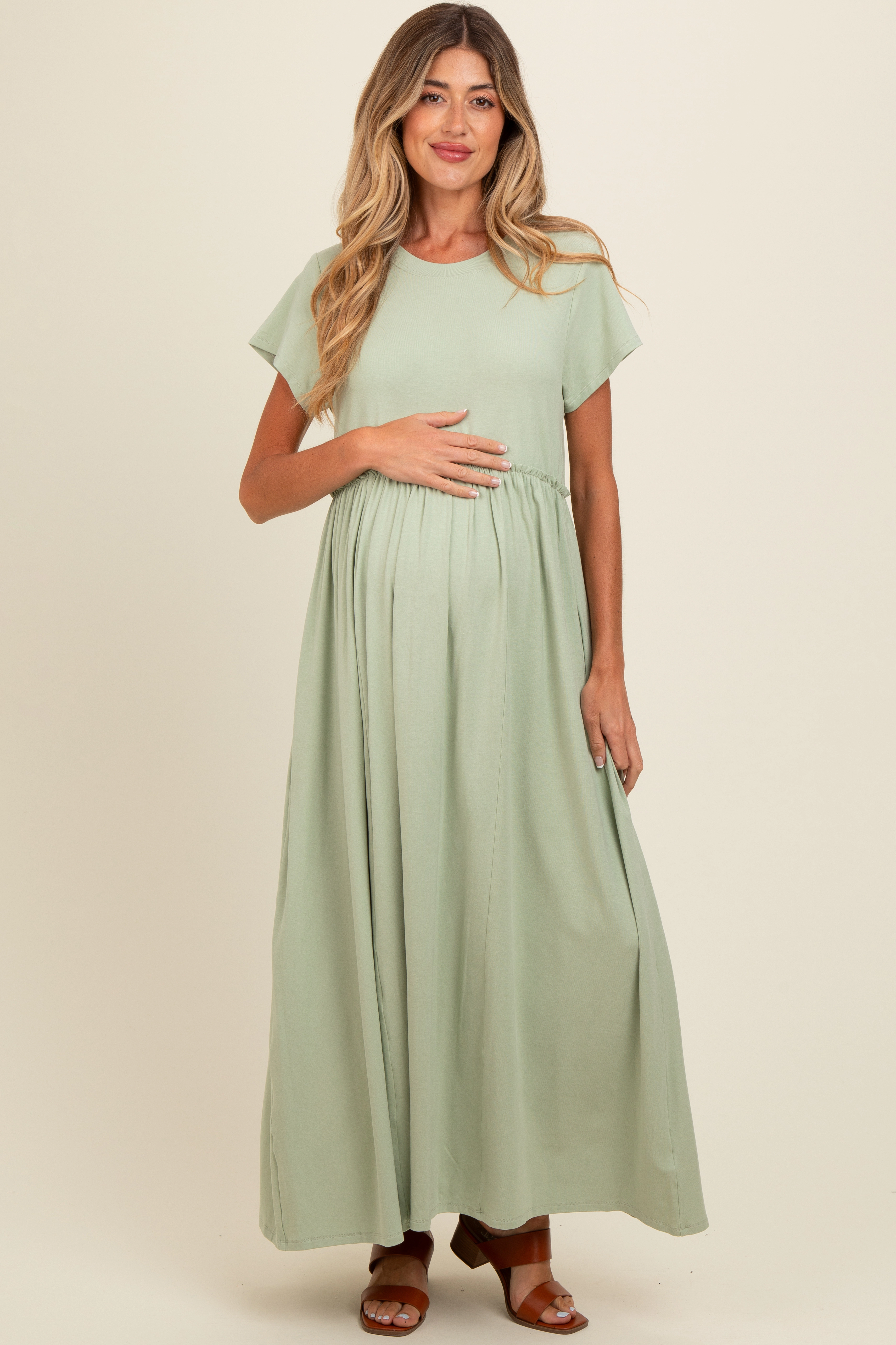 PinkBlush Womens Soft Lemon Ruffle Trim Maternity Maxi Dress
