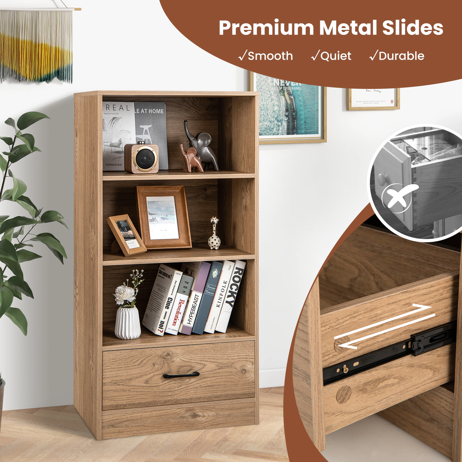 SUGIFT 4-Tier Storage Bookcase with Drawer and Anti-Toppling Device