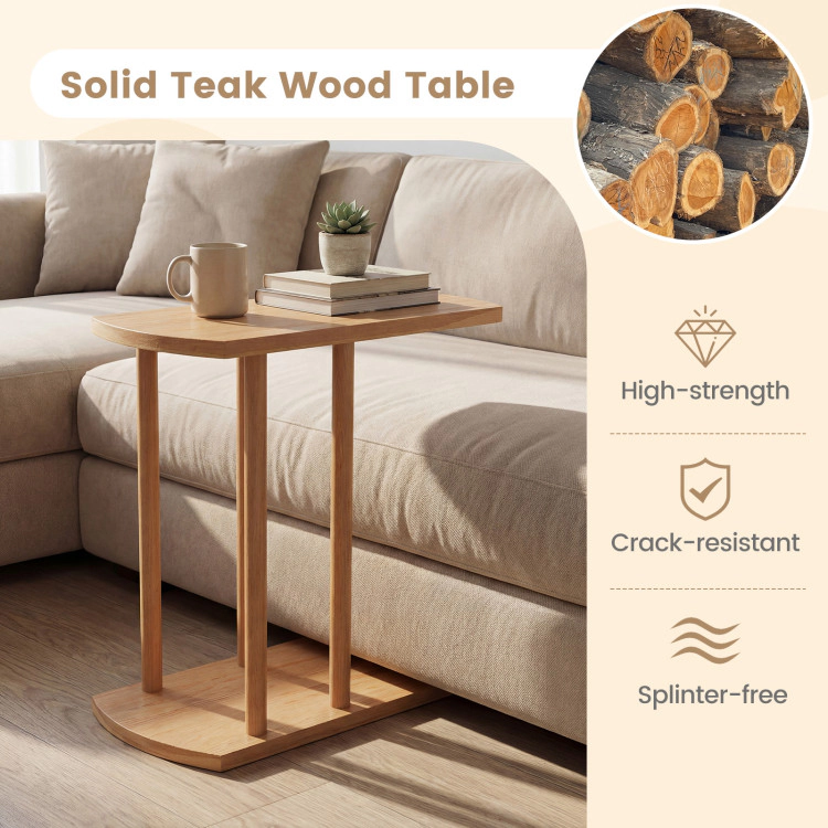 Hivvago Narrow 2-Tier C-Shaped Teak Wood Side Table With Thickened Top And Sturdy Base