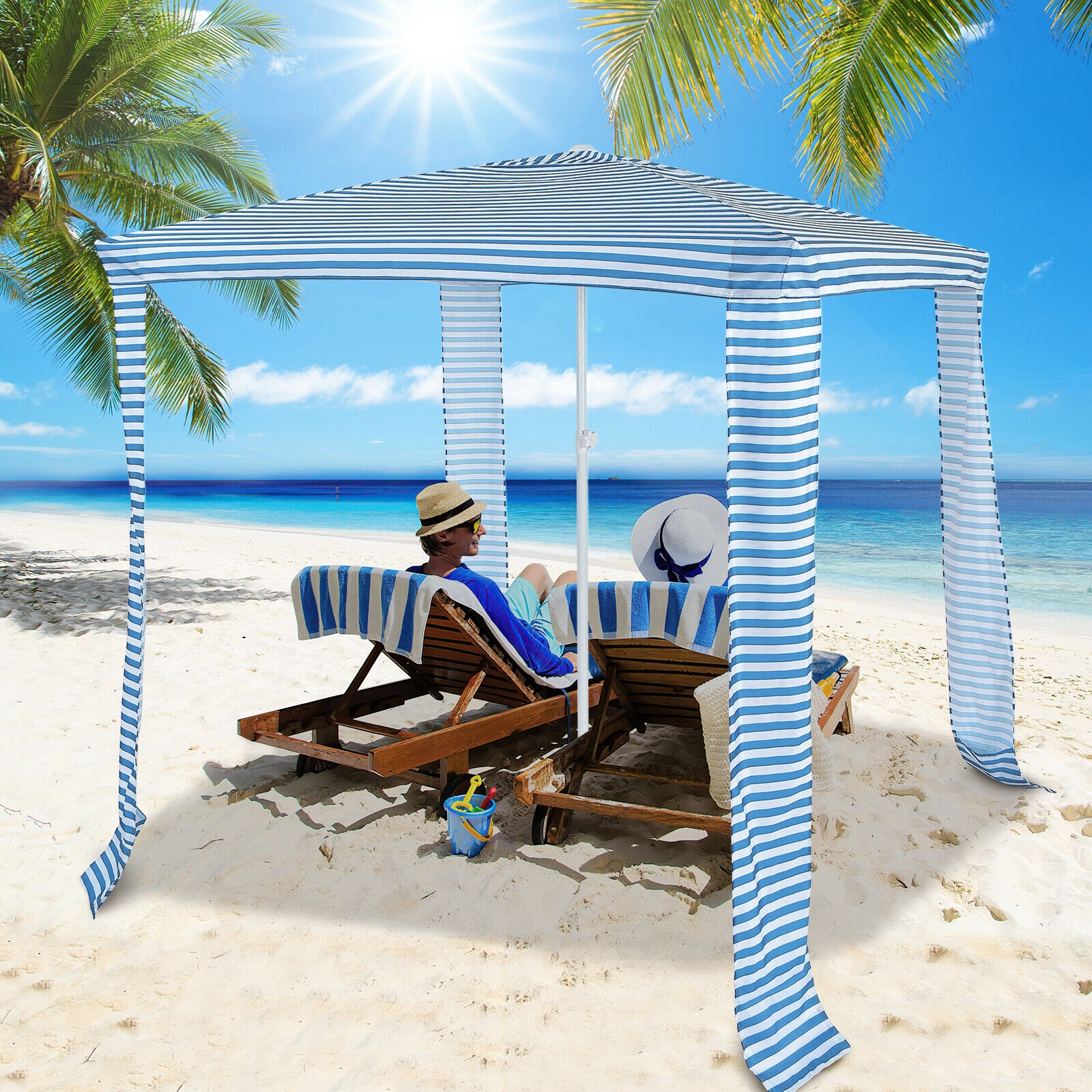 SUGIFT Blue Striped 4-Person Beach Canopy Tent with Sidewall