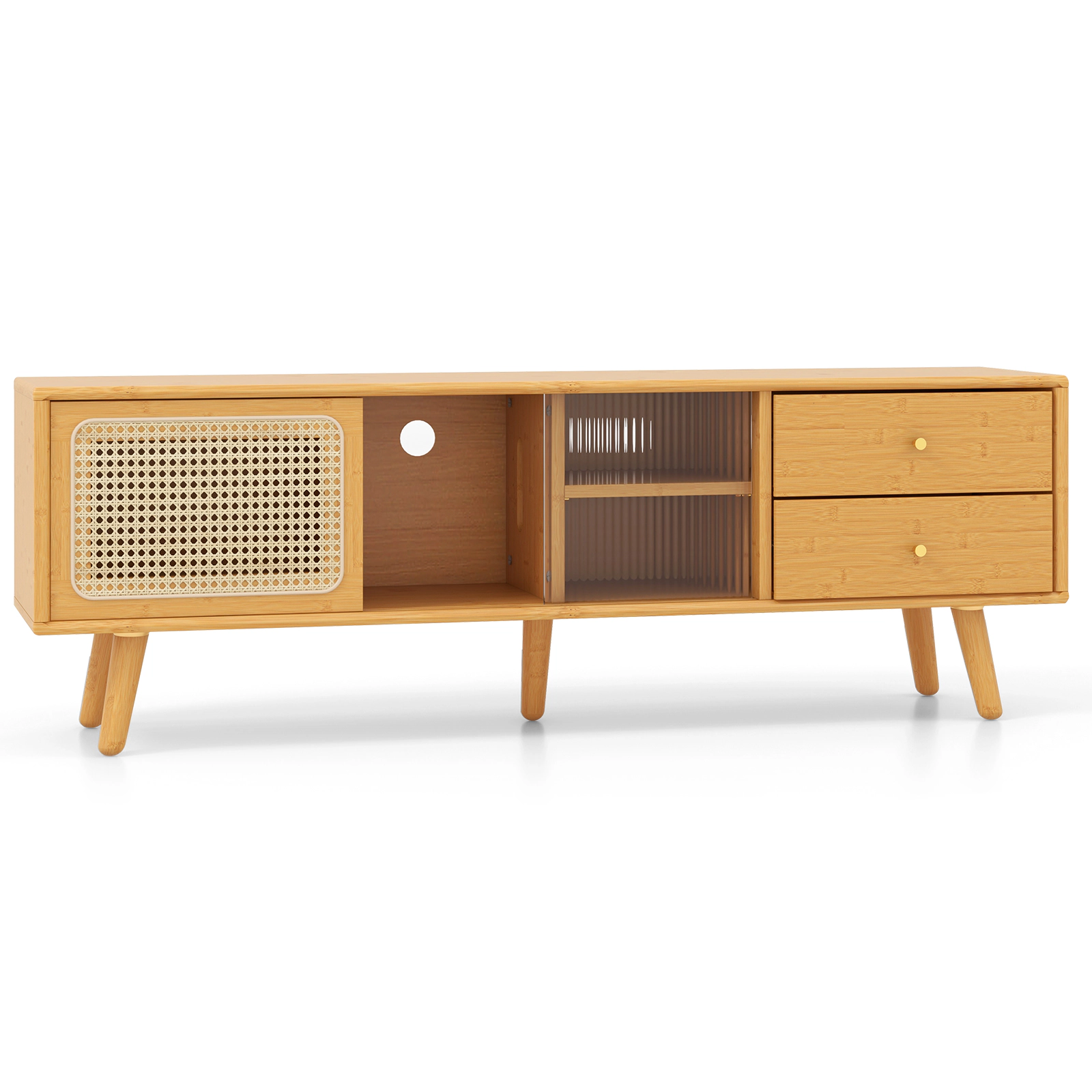 SUGIFT Bamboo TV Stand for TV up to 65 Inch with Storage Compartments and Drawers 155-lb Top Capacity Natural Brown