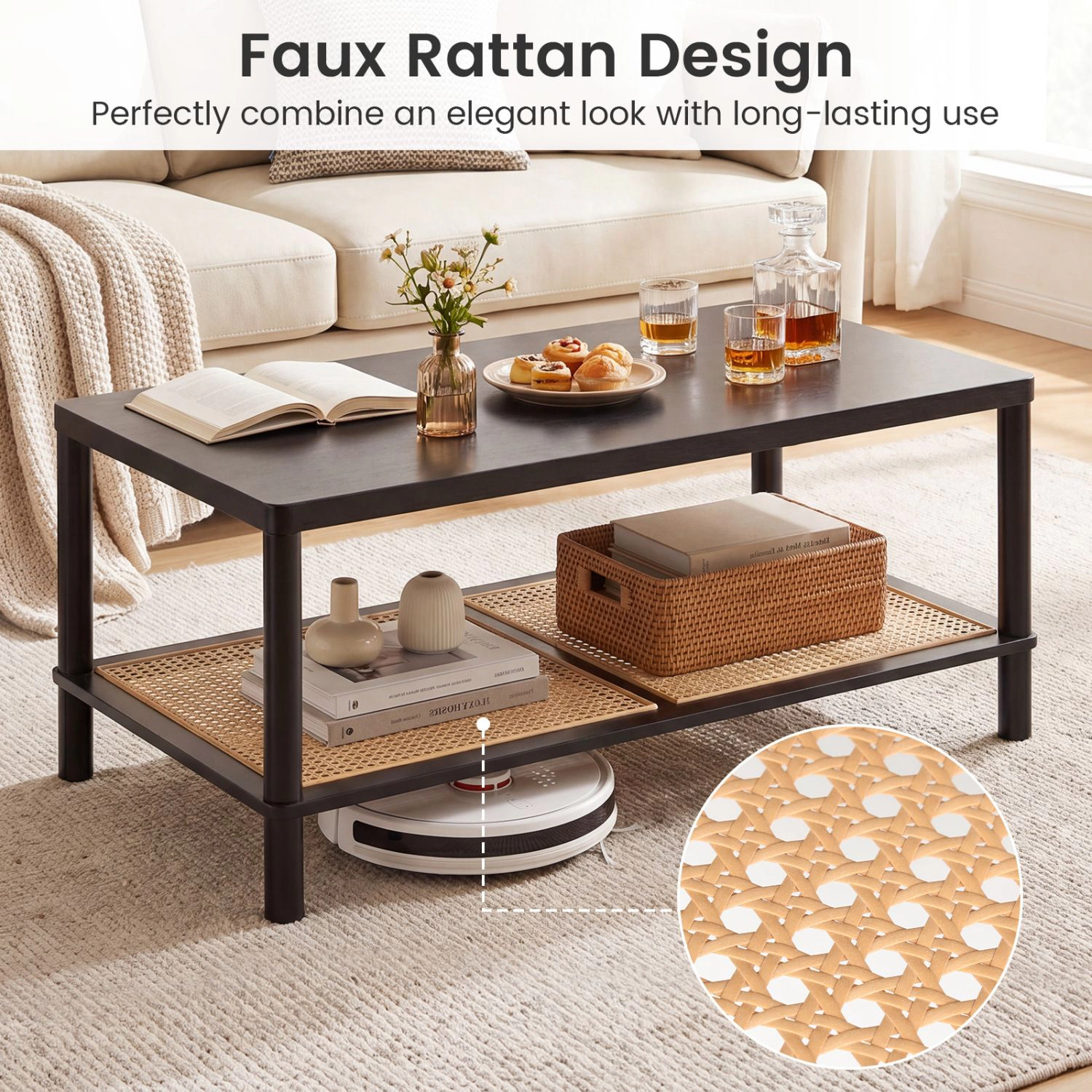SlickBlue 2 Tier Boho Coffee Table with Rattan Storage Shelf