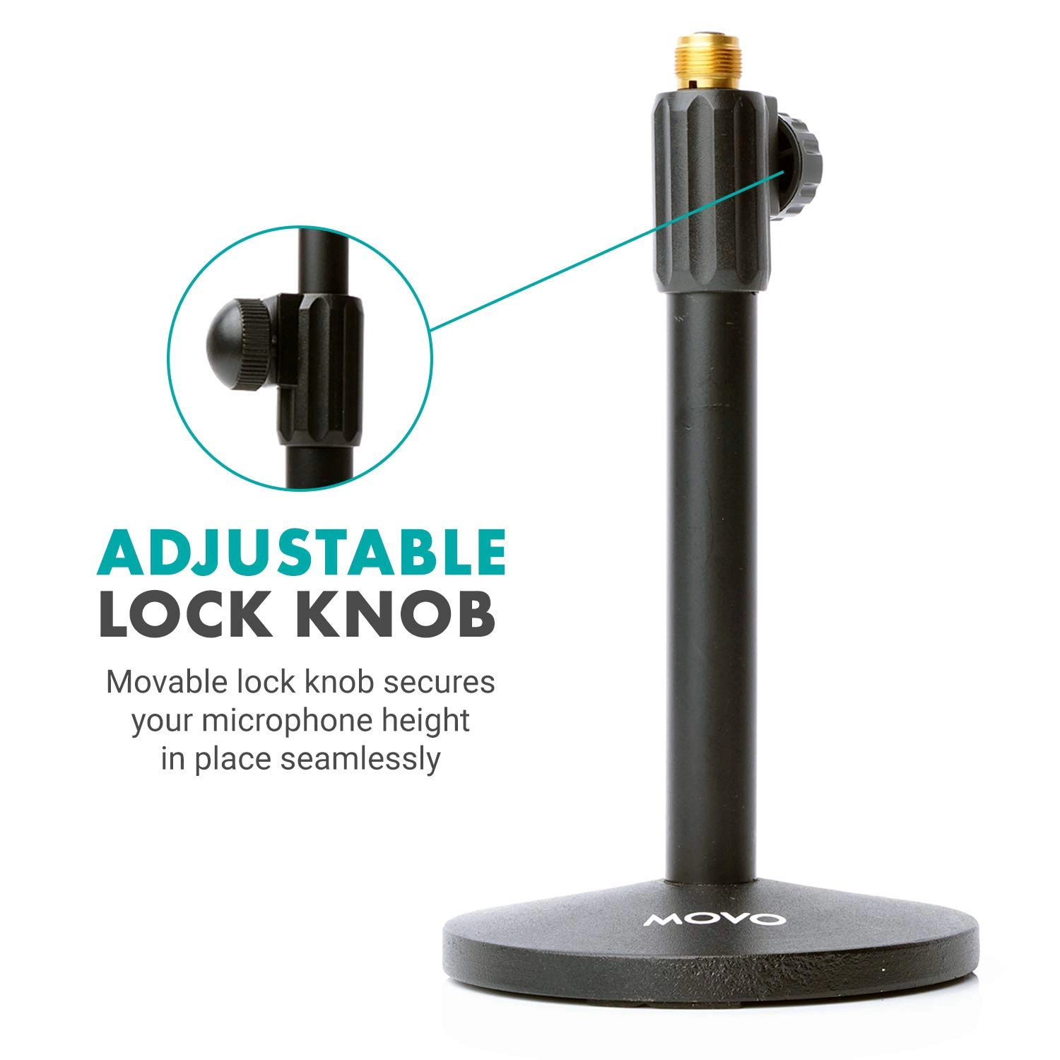 Movo TMC-3 Small Adjustable Table Mic Stand with Round Base and Universal Mic Clip. Table Top Mic Stand Height is
