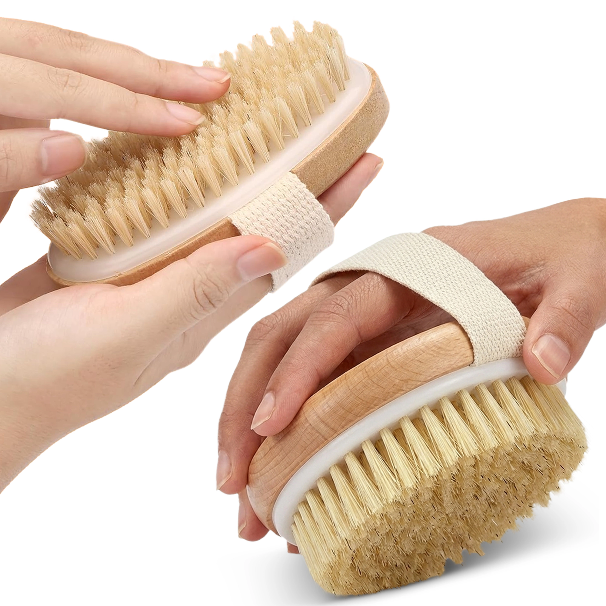Cheer Collection 2-Pack Natural Bristle Exfoliating Body Brushes with Hand Straps, Wet or Dry