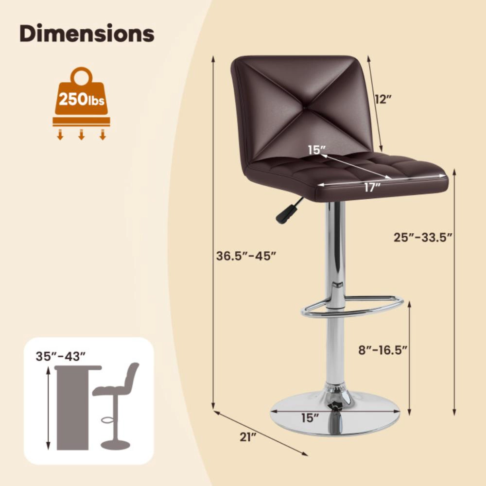 Hivvago Set of 2 Adjustable Height Bar Stools with Backrest and PU Leather Upholstery