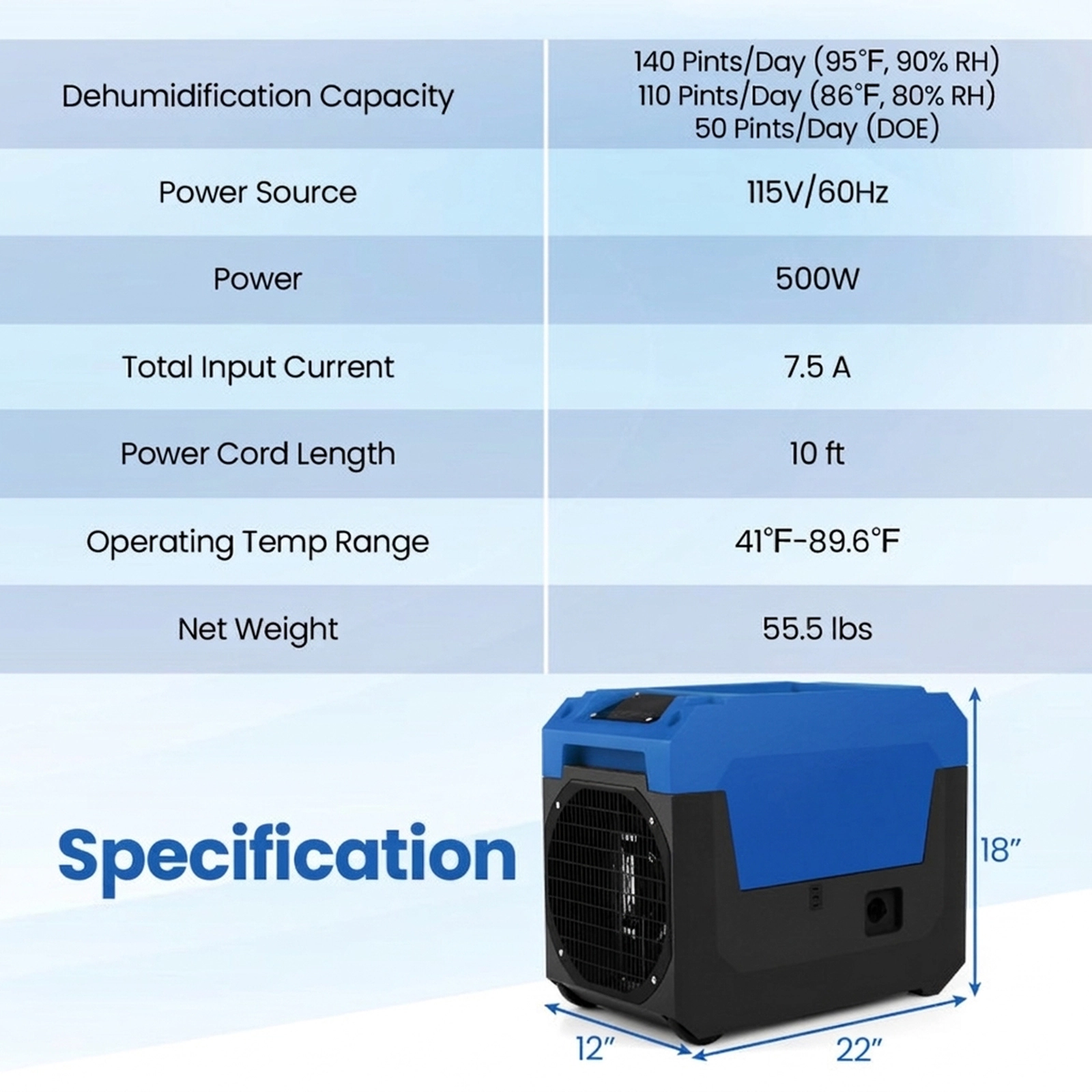 SUGIFT Blue 1800-Sq-Ft 140-Pint Commercial Dehumidifier with Pump and Drain Hose 22-in W 12-in D 18-in H