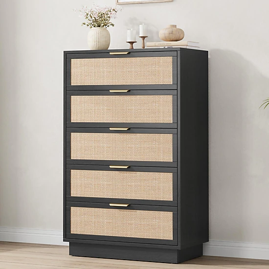 BebreezChic 5-Drawer Rattan Dresser, Wood Cabinet, Integrated Legs, Woven Design, Space-Saving, Black