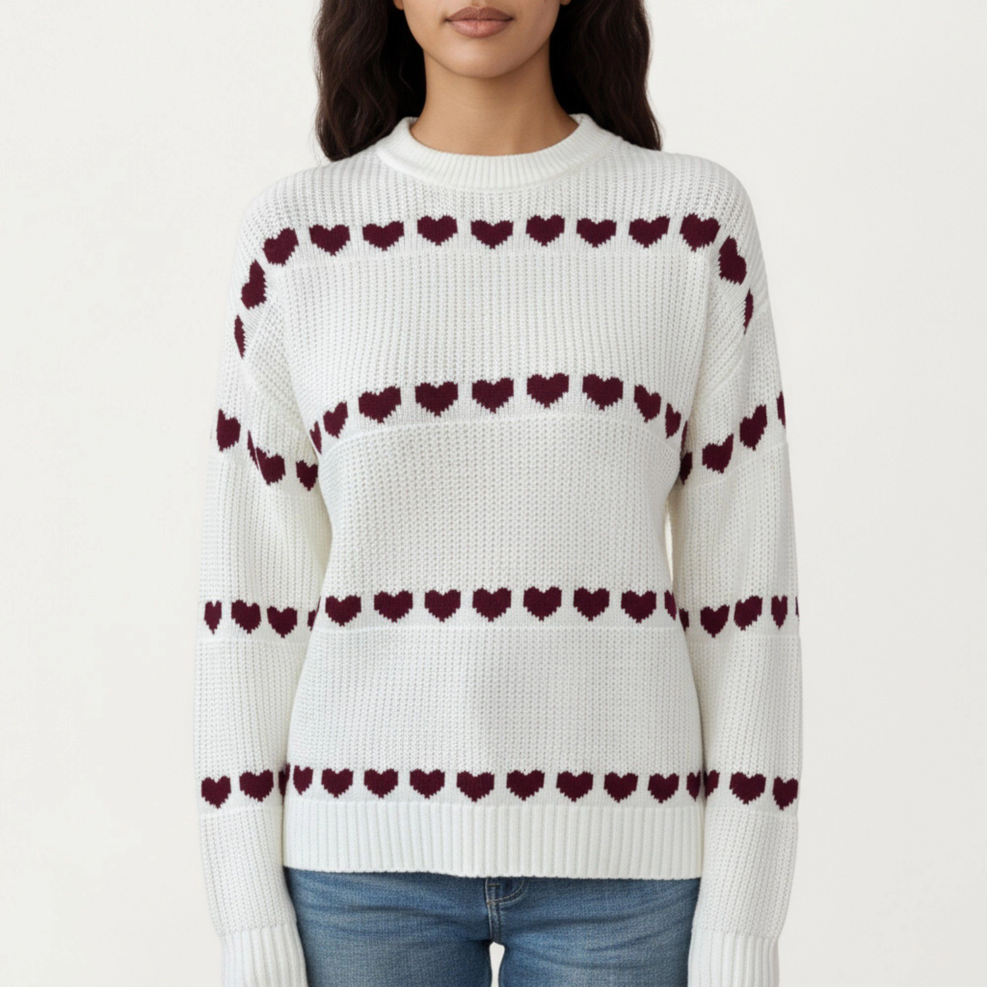 Anna-Kaci Women's Long Sleeve Valentine Knit Sweater with Heart Pattern and Ribbed Trim