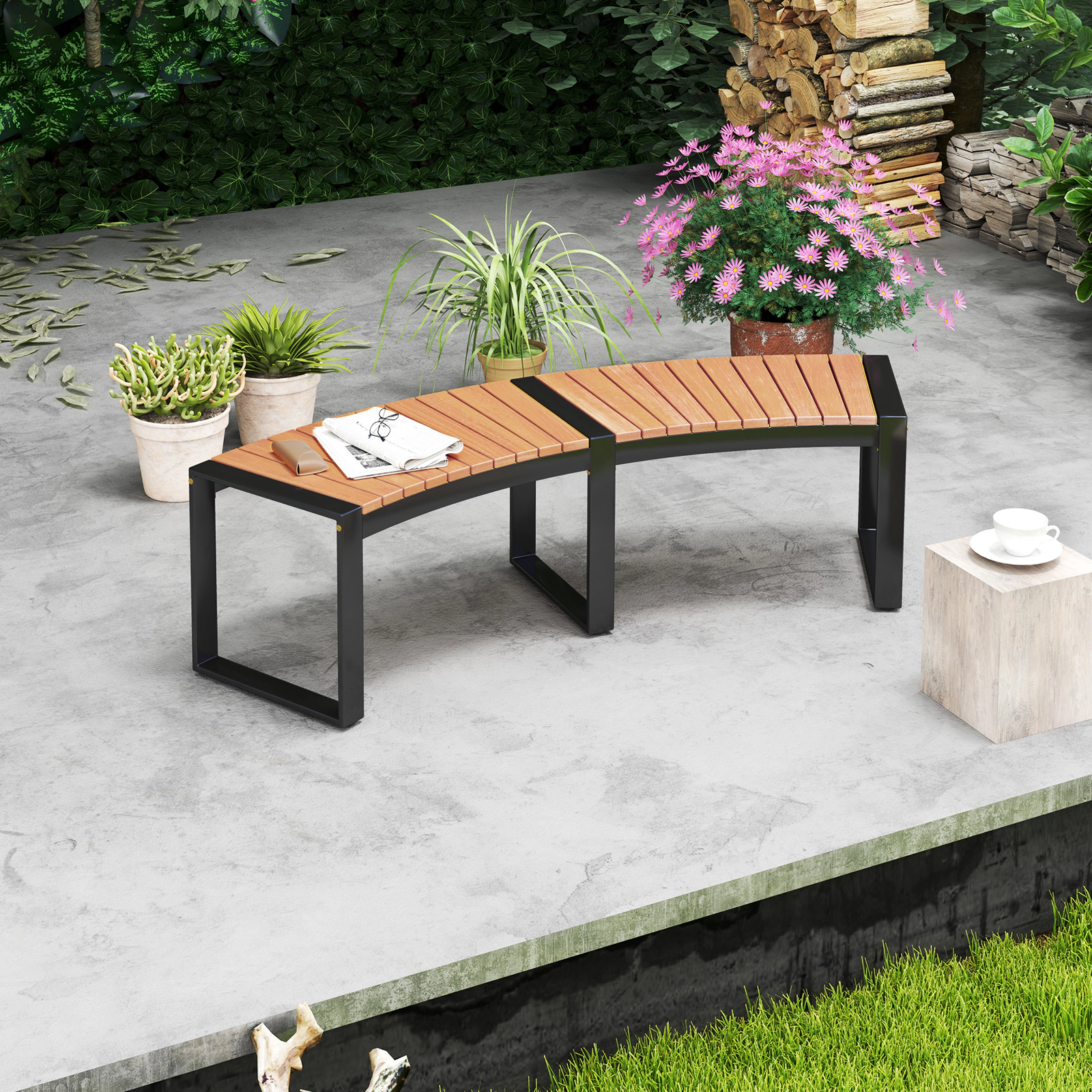SUGIFT Curved Acacia Wood Patio Bench with Slatted Seat and Metal Legs 800-Lb Capacity Yellow Black