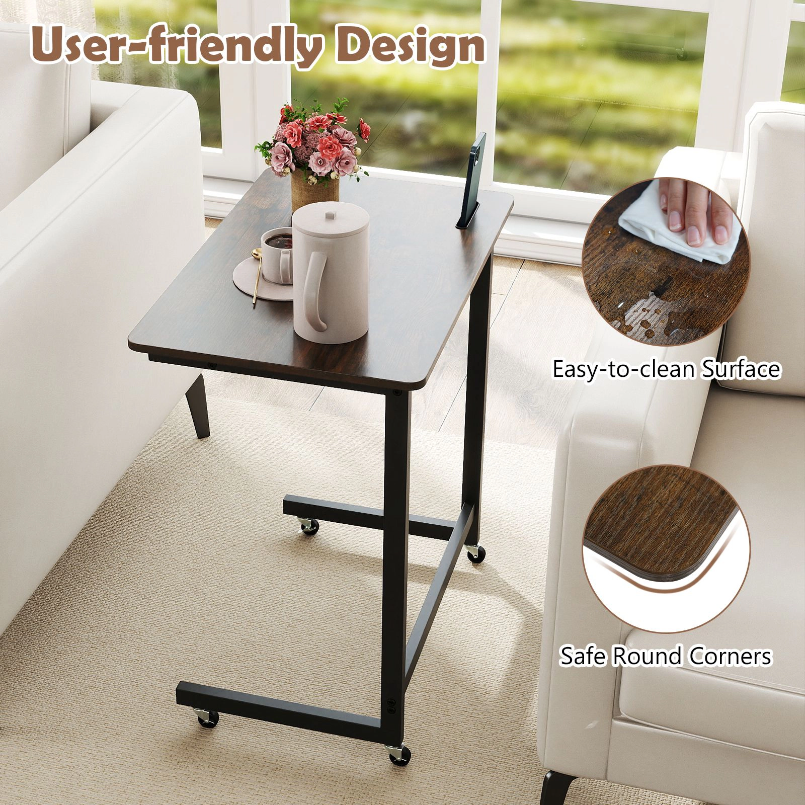 SlickBlue C Shaped End Table with Wheels and Laptop Surface