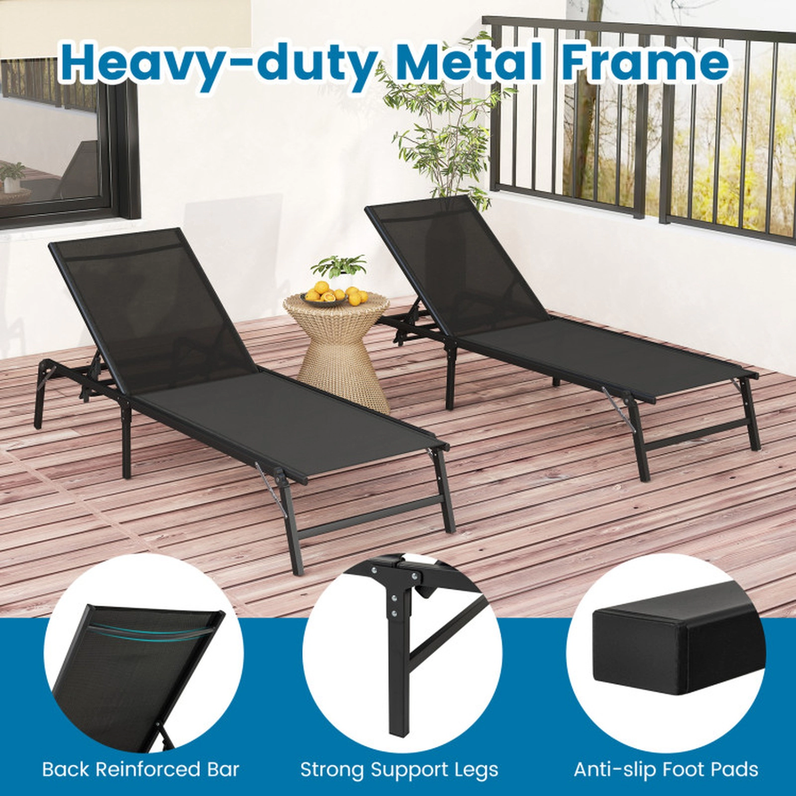 SUGIFT Black 5-Position Backrest 42 in Seat Depth Set of 2 Foldable Patio Chaise Lounge Chairs