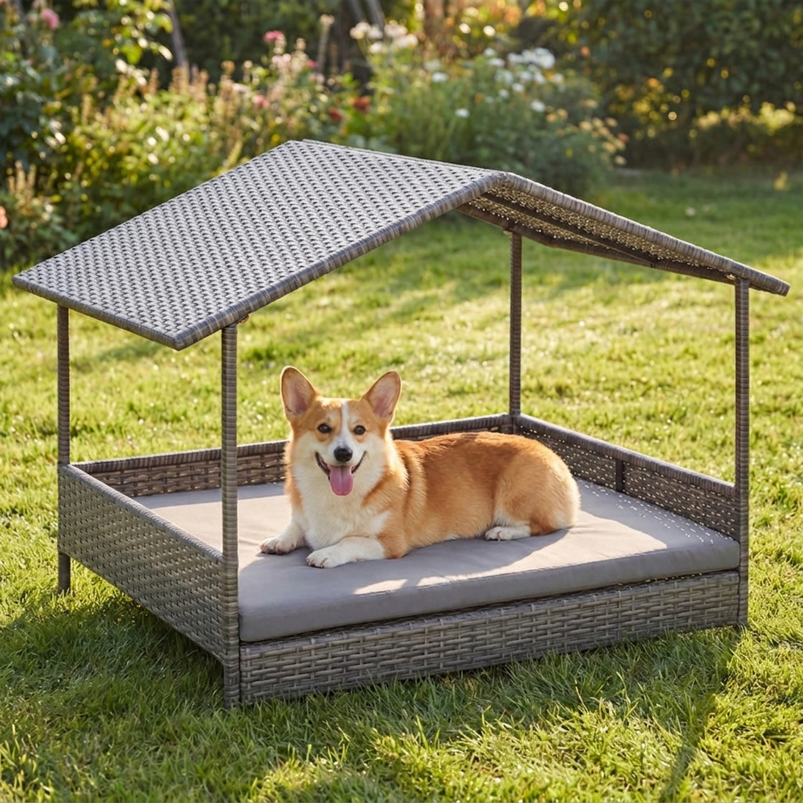 SUGIFT Wicker Dog House Elevated Pet Bed with Roof Canopy 165-lb Capacity Gray
