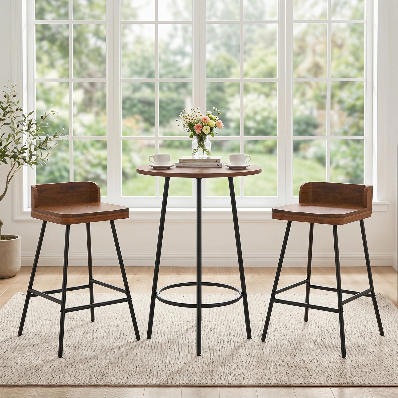 SUGIFT Low Back Metal Legs and Footrest Set of 2 Walnut Counter Height Bar Stools