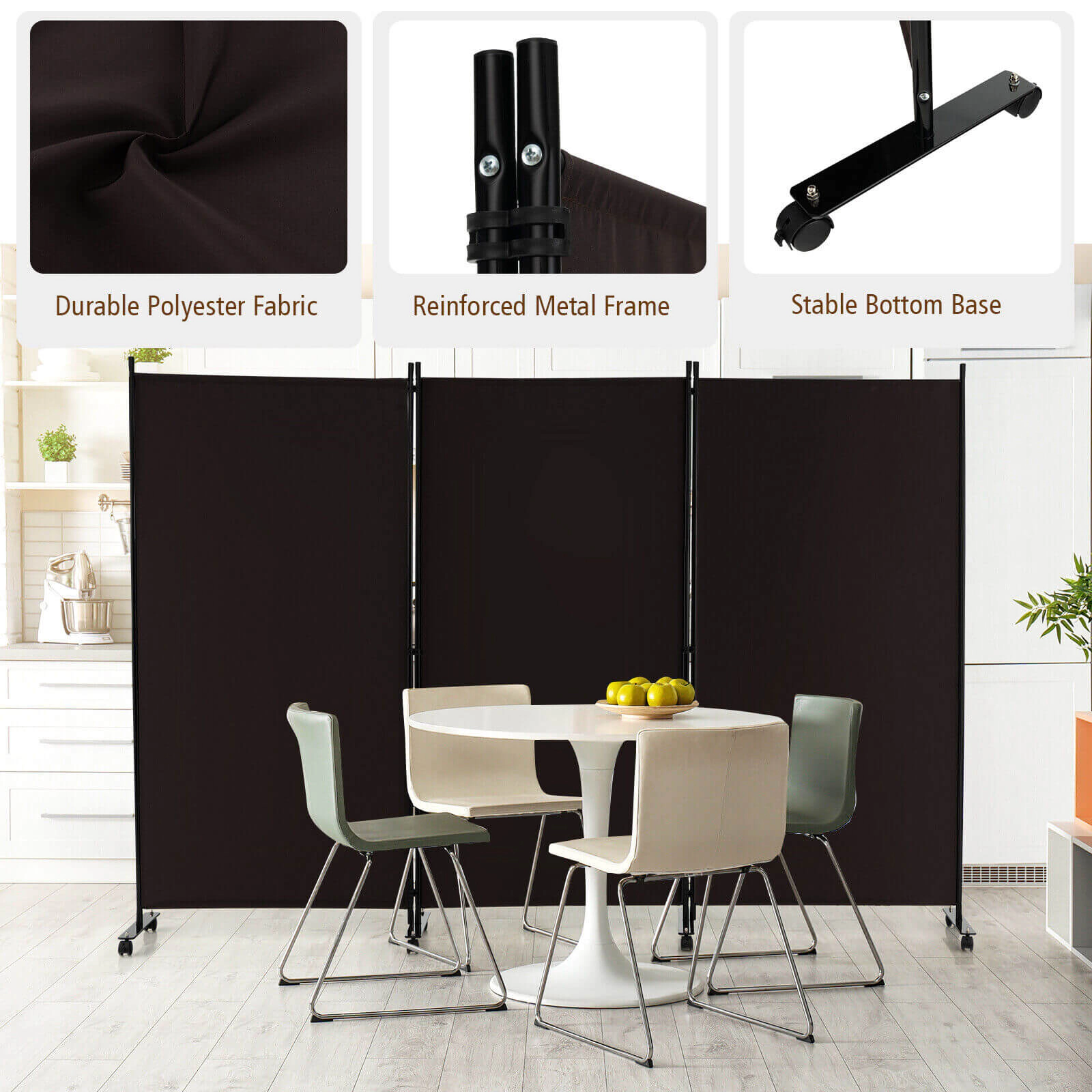 SUGIFT 3-Panel Folding Room Divider with Lockable Wheels Brown Metal Frame Polyester Fabric