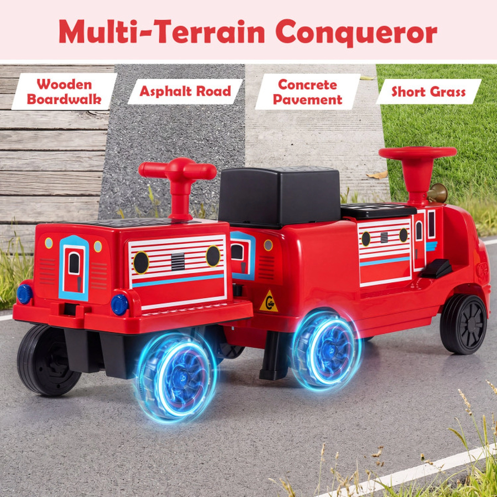 SUGIFT 12V 3-Seater Ride-On Train with Detachable Carriage 132-lb Seat Capacity Ages 3+ Yellow & Blue/Red & Black