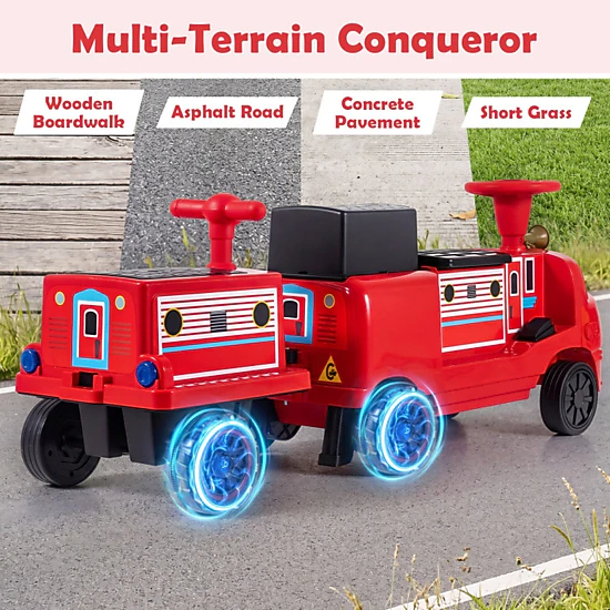 SUGIFT 12V 3-Seater Ride-On Train with Detachable Carriage 132-lb Seat Capacity Ages 3+ Yellow & Blue/Red & Black