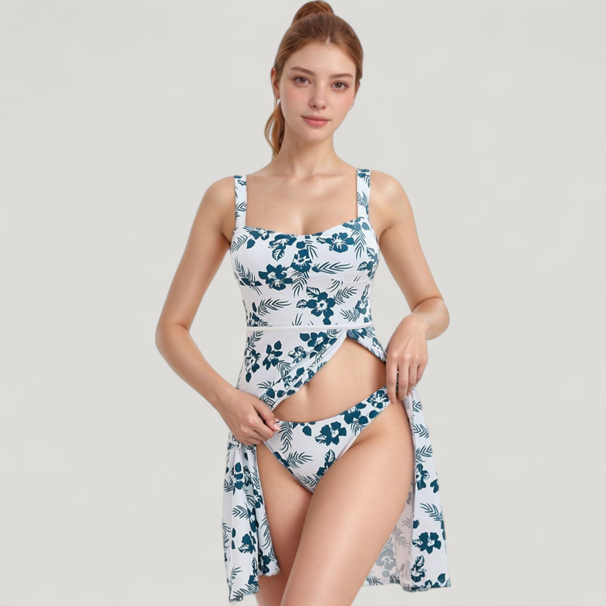 Anna-Kaci Women's Two-Piece Floral Swimsuit - Sleeveless Dress Overlay, High-Waist Bikini